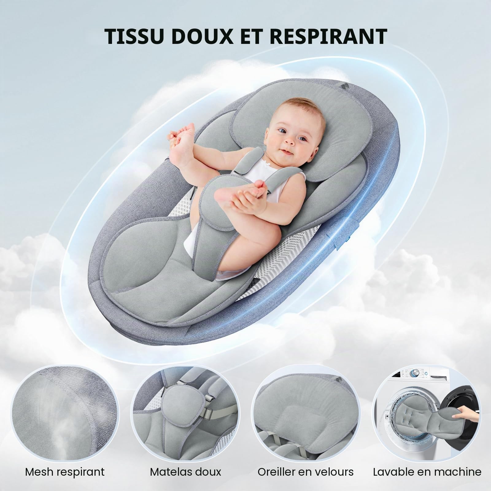 Transat Bébé Electrique, APP et Télécommande Balancelle Bébé Dès La Naissance à 9kg, Harnais à 5-Points Amélioré Balançoire pour Baby avec 3 minuteries, 5 Vitesses et 10 Mélodies (Gris)