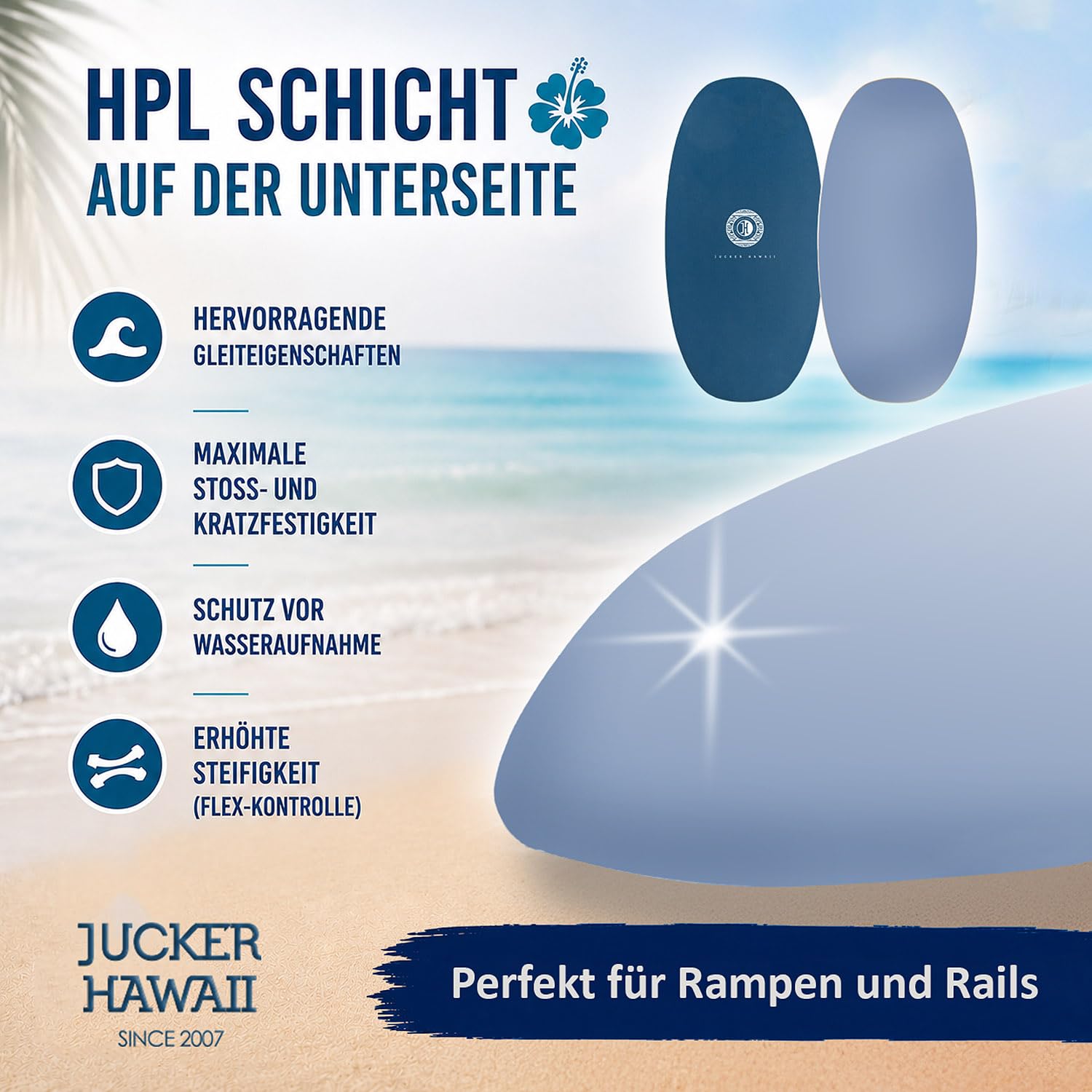 JUCKER HAWAII Skimboard KEIKI HPL Blue – Anti-Rutsch & HPL Beschichtung