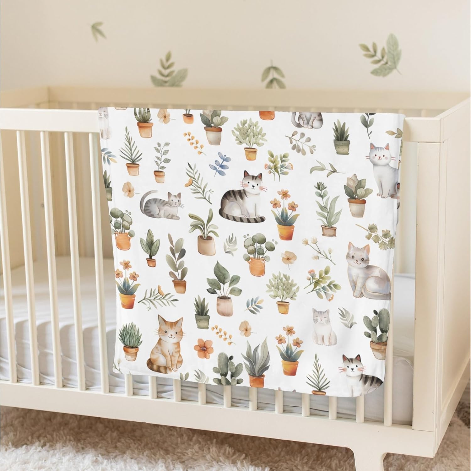 Watercolor Cats Boho Leaves Flowers Baby Blanket Girl Boy Dotted Backing Double Layer Cute Cats Tropical Plants Soft Swaddle Receiving Blanket Newborn Toddler Nursery Crib Bed Throws 30x40