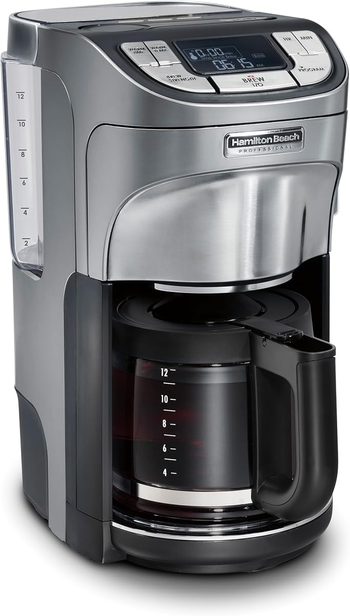 Cafetera de goteo programable profesional, jarra ergonómica con capacidad para 12 tazas, depósito extraíble de 60 oz, 120 voltios, metal cepillado (49500)