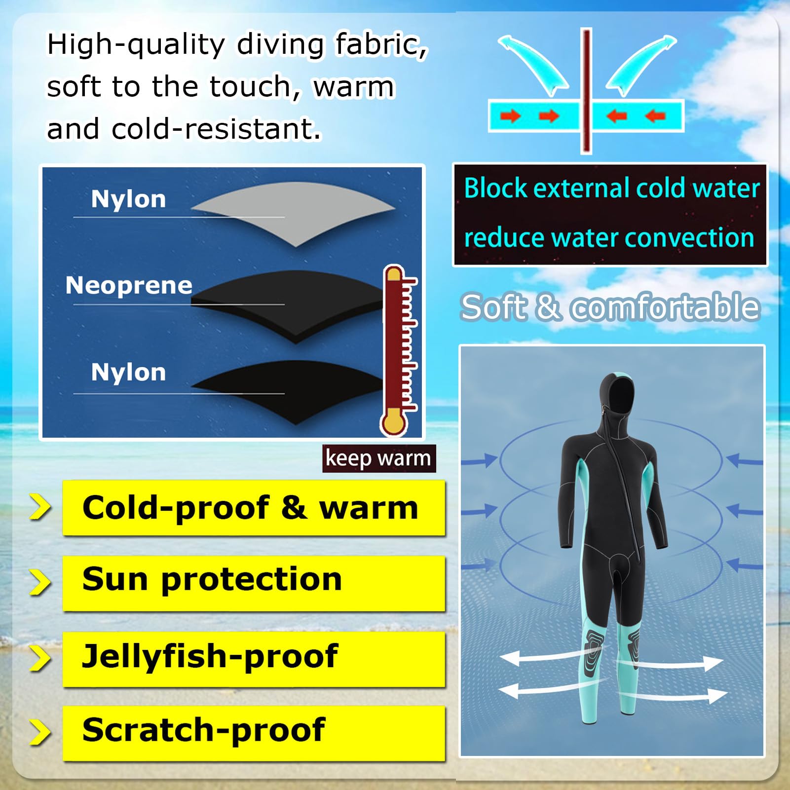TOVCHEI One-Piece Wetsuit Hooded Warm Anti Jellyfish & UV Full Diving Suit Neoprene Elastic Snorkeling Surfing Scuba Swimsuit,5mm,M