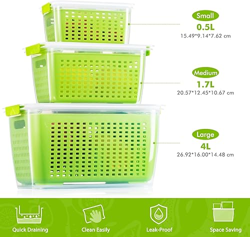 Miniatura 4 de LUXEAR Contenedores para productos para refrigerador, juego de 3 recipientes de frutas con colador extraíble, recipientes sin BPA con tapas, aptos