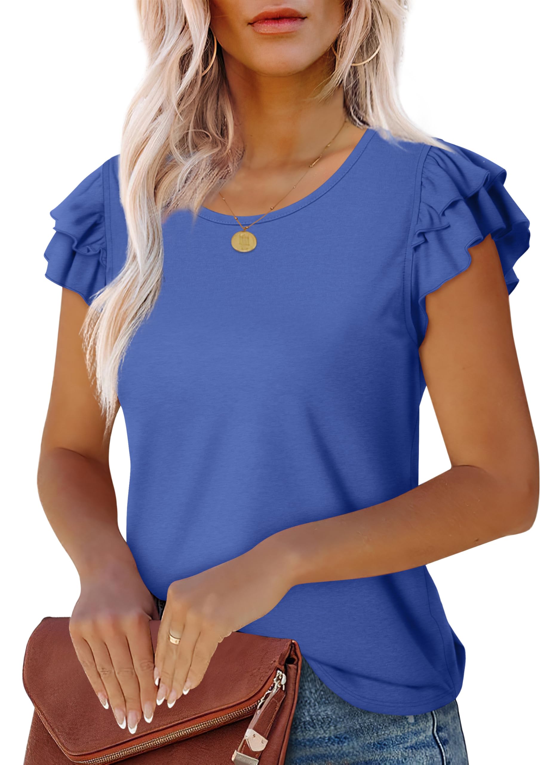 WEESO Womens T Shirts Ruffle Short Sleeve Summer Tops Cute Crew Neck Casual Blouses