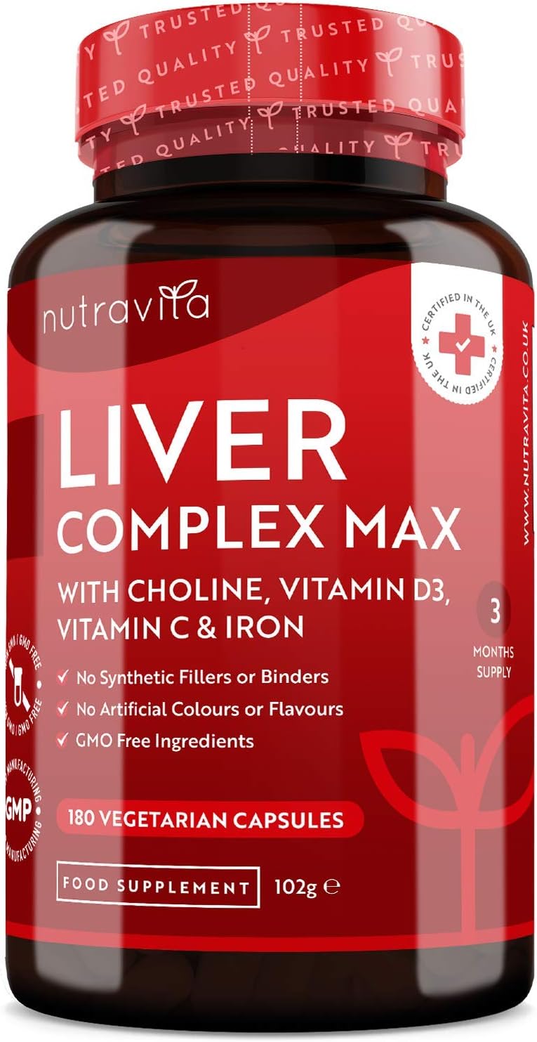 Detox Hígado - Complejo hepático de fuerza máxima - 180 cápsulas con 17 ingredientes activos premium - Apoya la función hepática normal - Colina y vitamina D - Fabricado por Nutravita