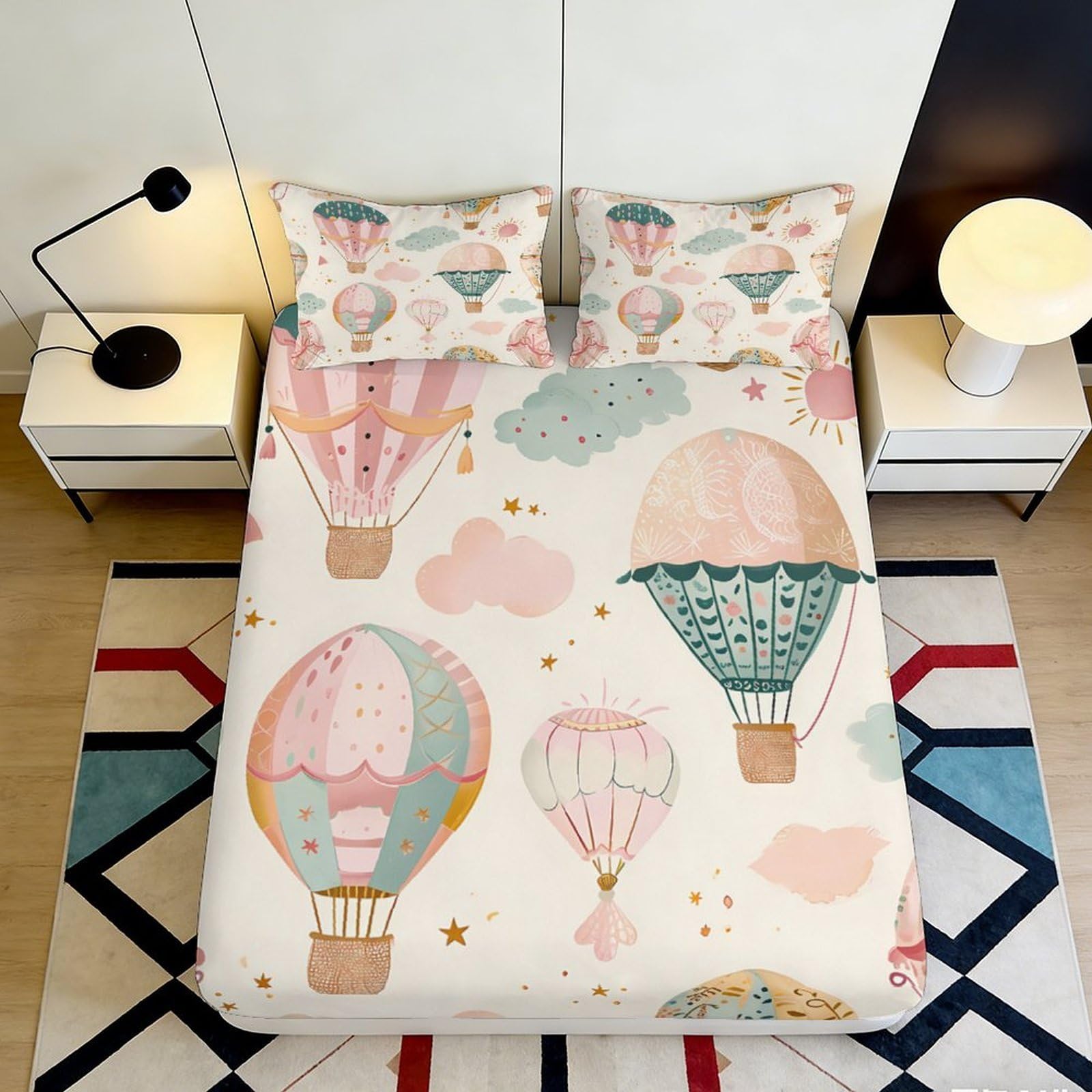 3D Printed Hot Air Balloon Fitted Sheet Microfiber Pastel Cloud Bed Sheet for Bedroom Guest Room Decor Mattress Protection 90x200x25cm