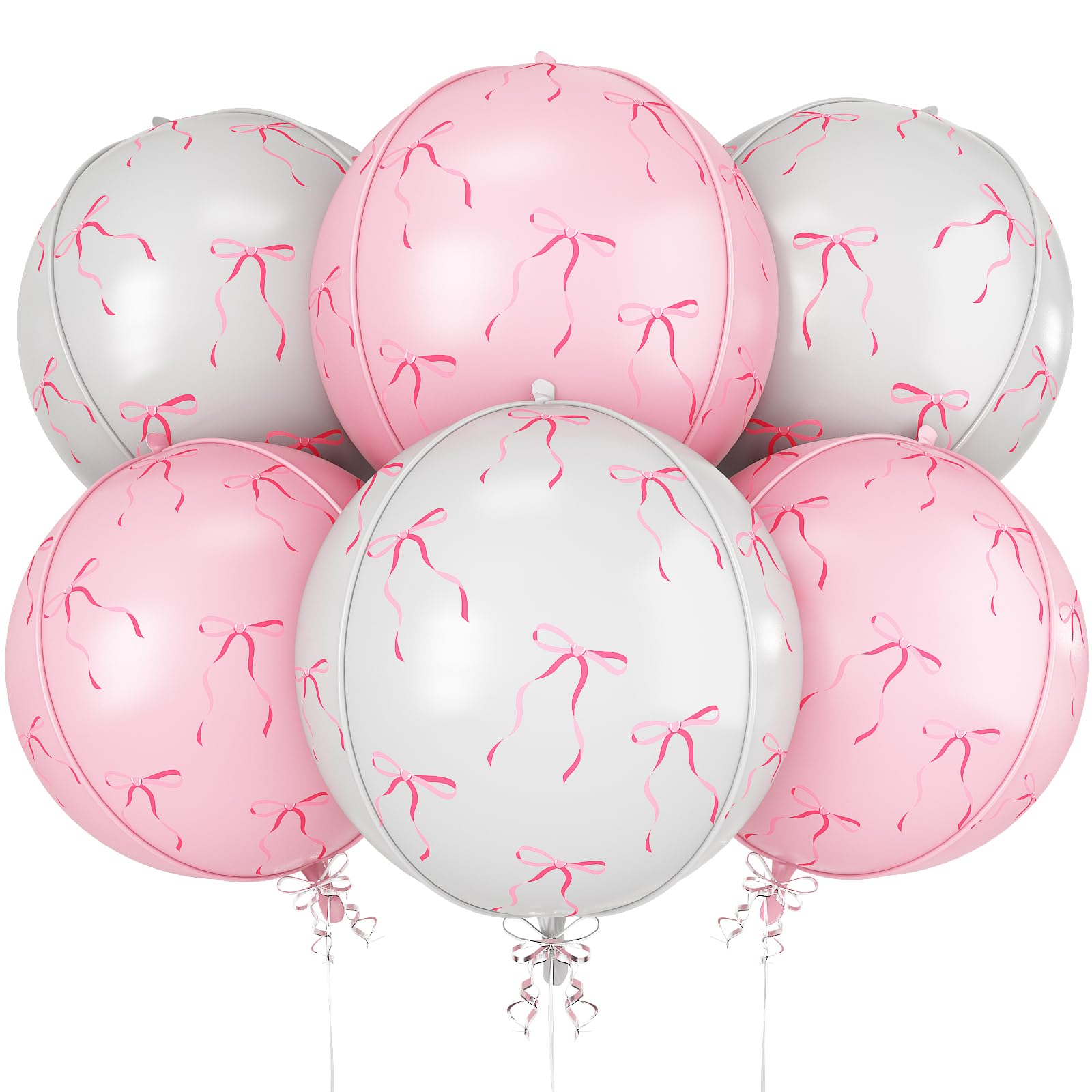 6Pcs Bow Print Round Foil Balloons, 22" Large Pink and White Bow Mylar Coquette Balloon, for Birthday Bachelorette Party Bridal Baby Shower Wedding Anniversary Decorations Supplies