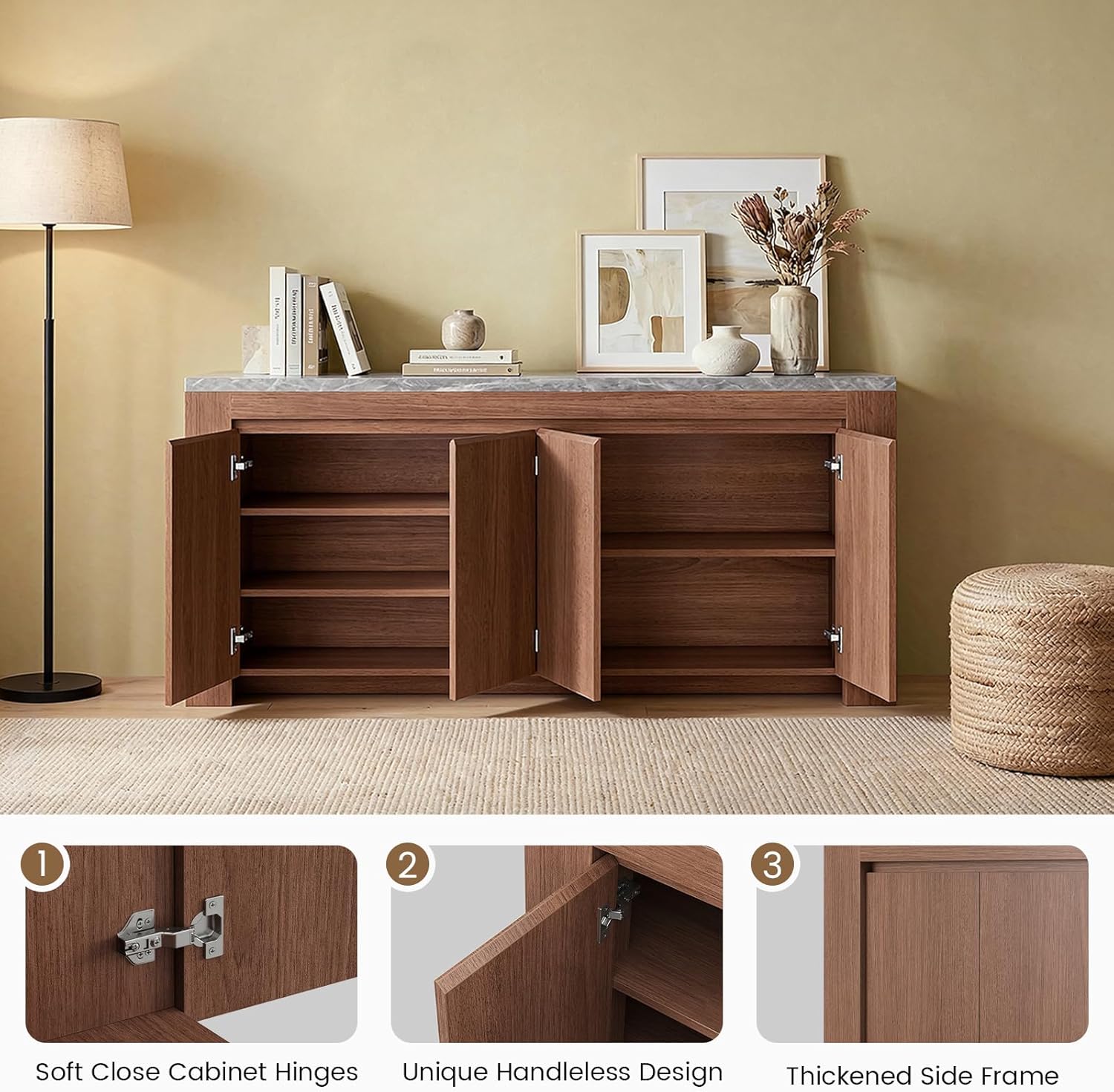 Buffet Cabinet with Storage, 63" Sideboard Buffet Accent Cabinet with Faux Marble Top & 4 Doors, Modern Buffet Table Credenza Cabinets for Living Room, Dining Room, Kitchen（Walnut）
