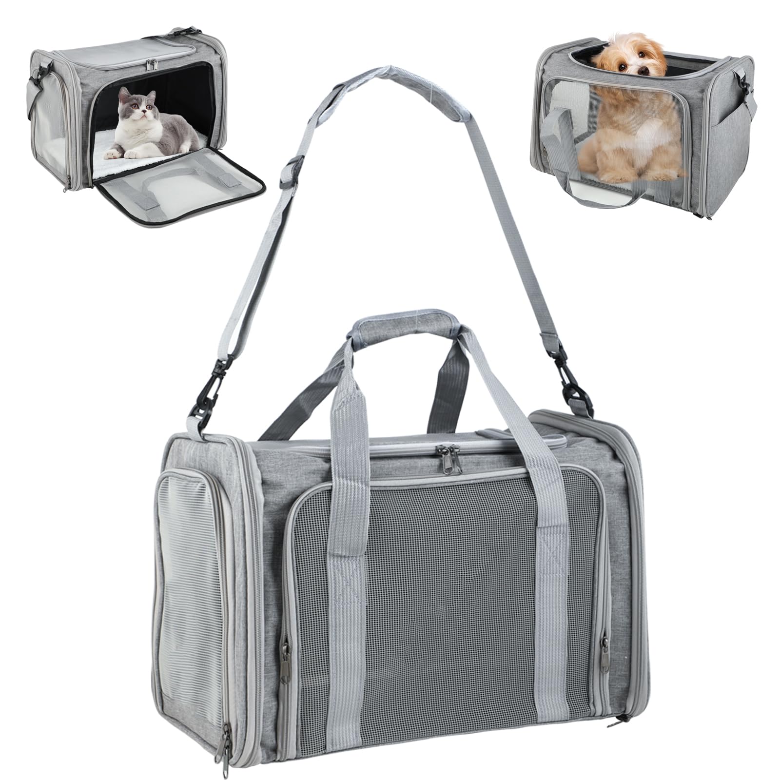 Transportín Perro Plegable – Bolso Gato Transpirable – Bolso Perro Pequeño con Correa para Viajes y Coche (Gris)