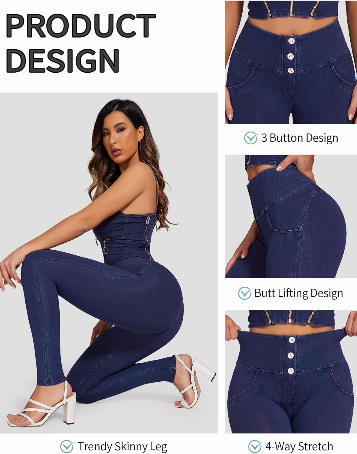 SEASUM Womens High Waist Butt Lifting Stretch Jeans 3 Button Push Up Curvy High Rise Leggings - Image 3