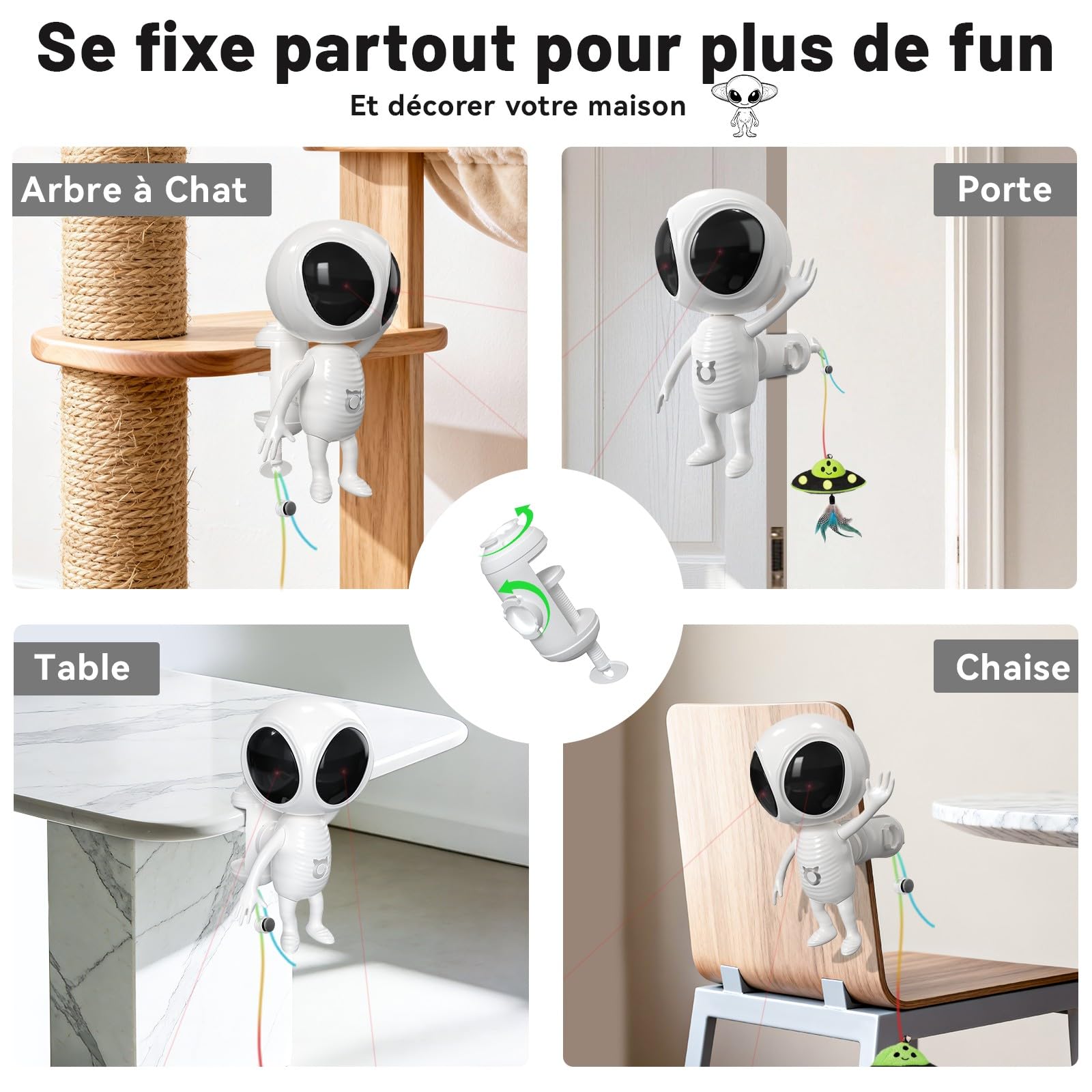GoldenSun Jouet interactif 2 en 1 automatique avec double projection et pendentif OVNI pour chat d'appartement, activé par le mouvement, rechargeable, 4 modes de jeu, fixation par pince, blanc