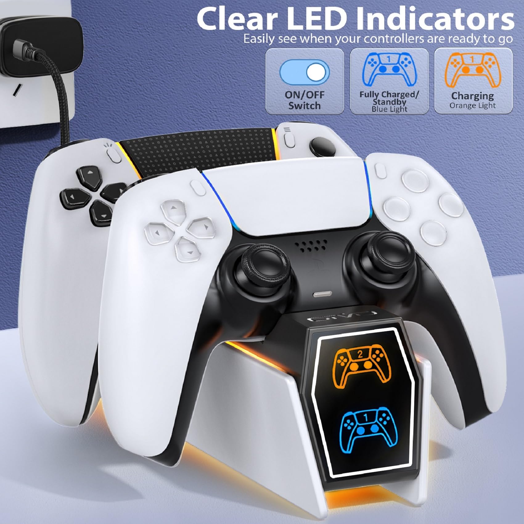 Station de Recharge PS5, Chargeur Manette PS5 pour DualSense PS5&Edge, Dock Manette PS5 avec Indicateur LED et Adapteur, Accessoire PS5 pour Scole PS5