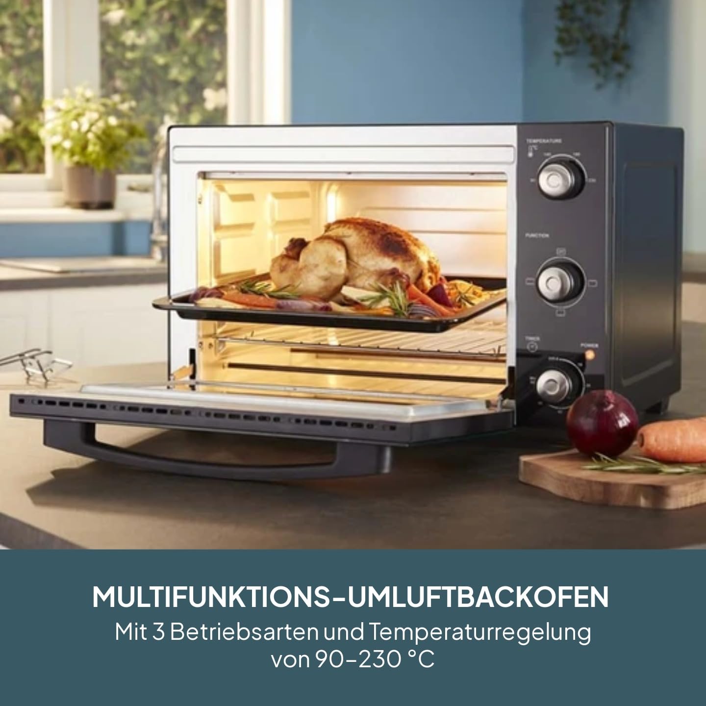 Cooks Professional Mini-Backofen | Elektrischer Multifunktions-Tischbackofen | 34 l Fassungsvermögen | 1500 W | Inkl. Bratpfanne & Gitterrost | Schwarz und Silber