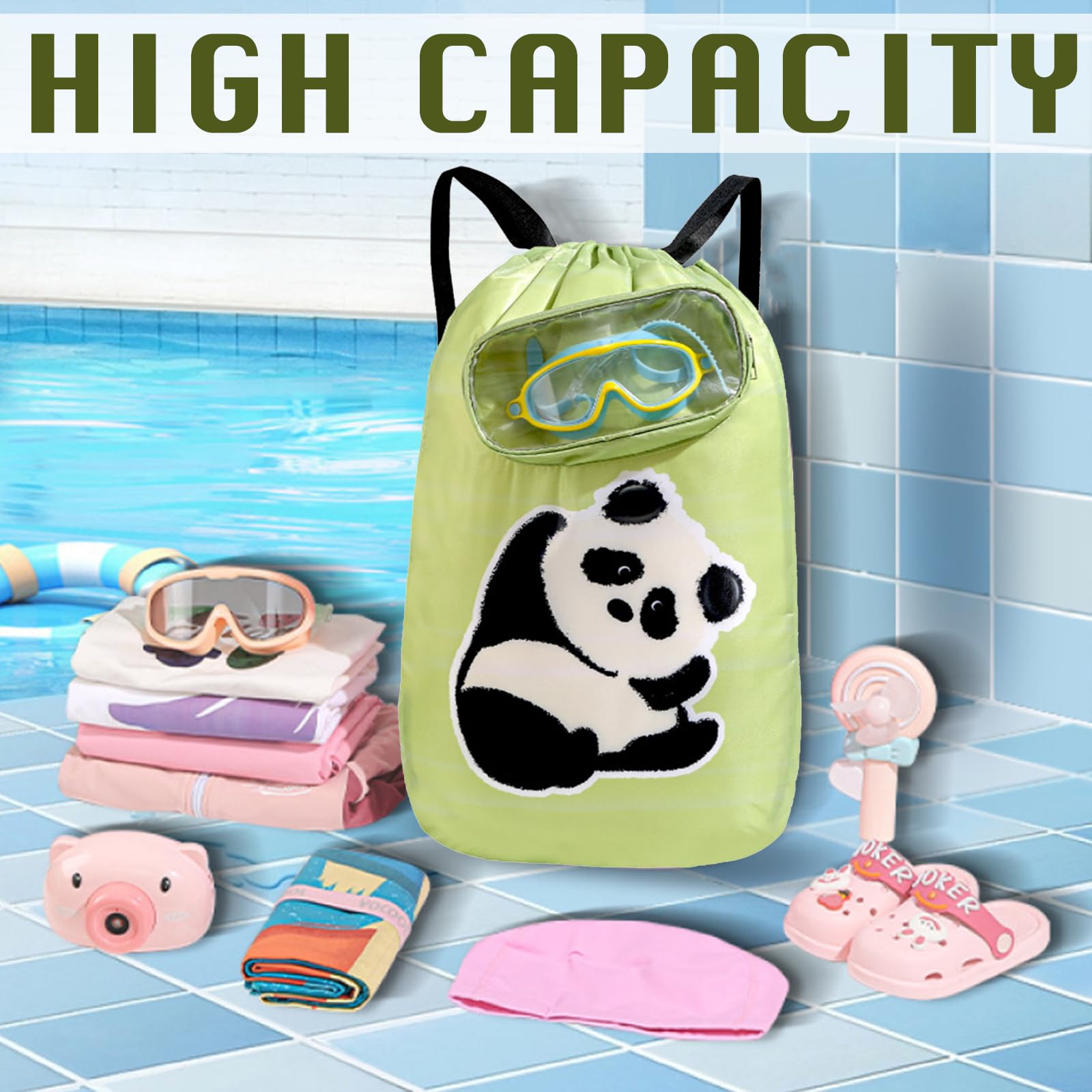 Panda dei Cartoni Animati Borsa Piscina, Borsone Piscina, Zaino Piscinas Bambino, Borsa da Nuoto Asciutta e Bagnata, Grande Capacità con Busta Trasparente per Sport Viaggi, Scuola, Nuoto