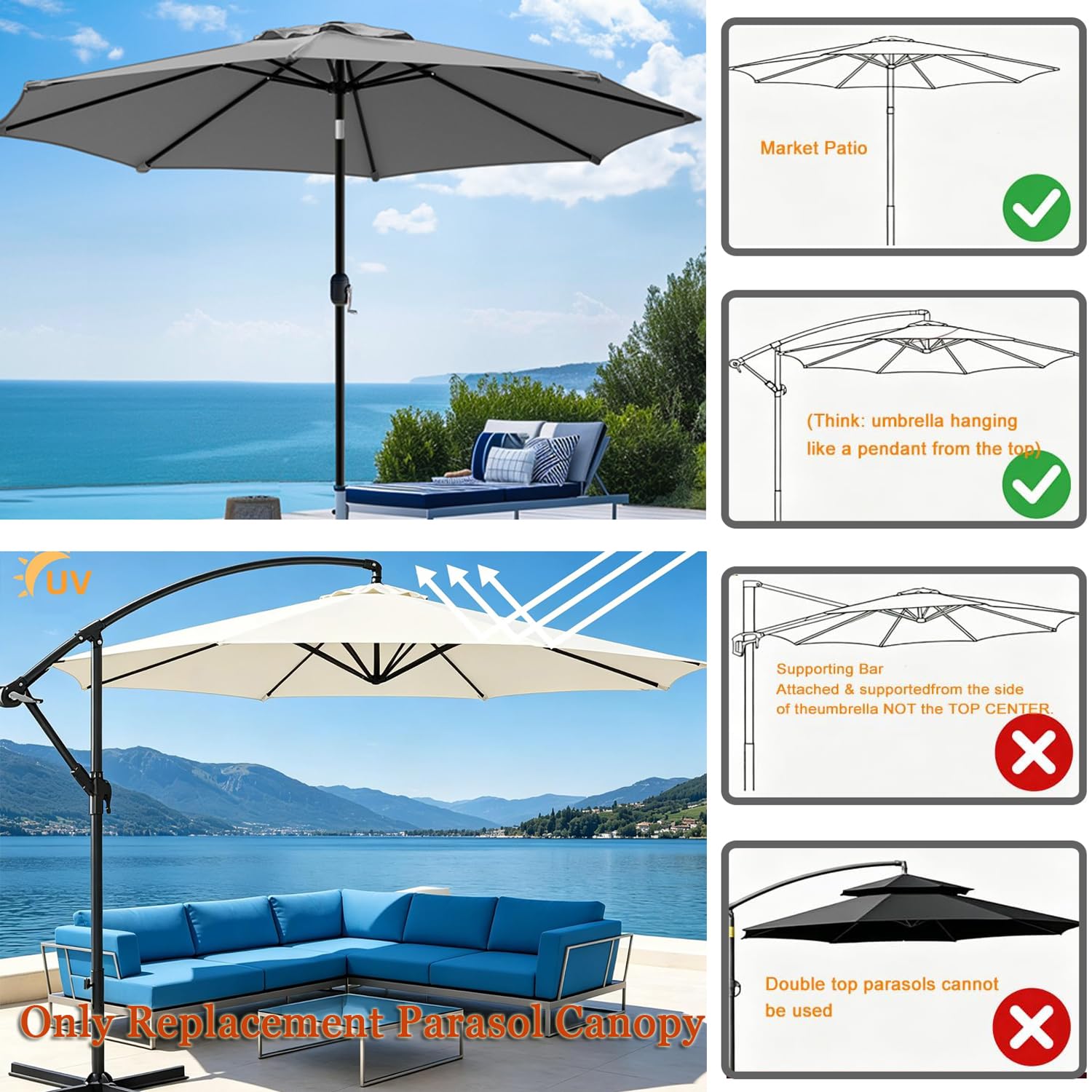Telo Ricambio Ombrellone 8 Stecche 4 metri, Rechange Telo per Ombrellone Baldacchino in Poliestere, Copertura in Tessuto per Parasole da esterno, Giardino, Spiaggia, Piscina, Terrazzo