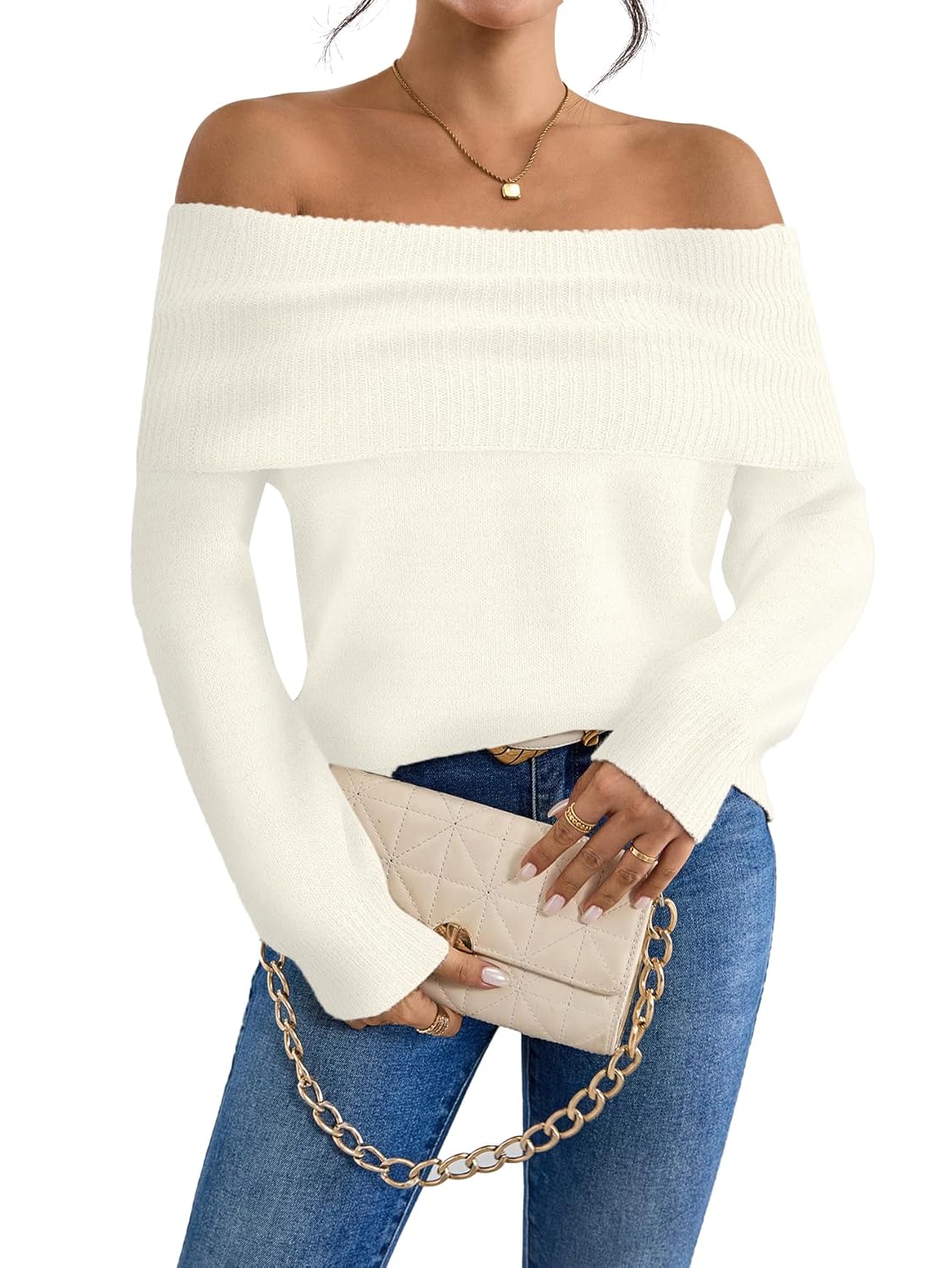 SunnyMelody Womens Off The Shoulder Sexy Sweater Fall 2025 Trendy Ladies Dressy Chunky Ribbed Knit Slim Fit Pullover
