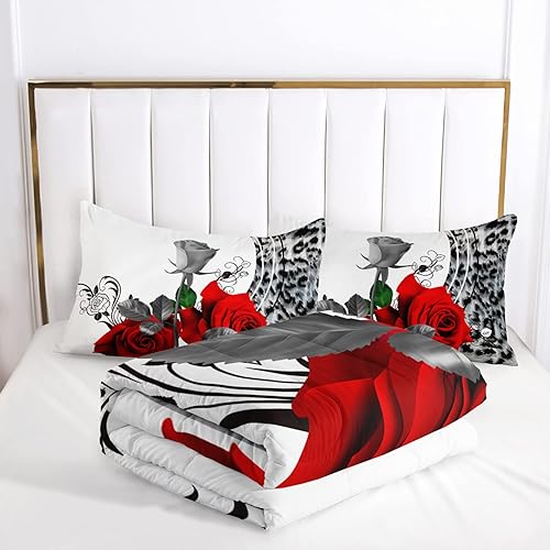 Miniatura 5 de AILONEN Juego de edredón con estampado de leopardo, tamaño individual, juego de ropa de cama con temática de rosas y animales para niñas, mujeres,