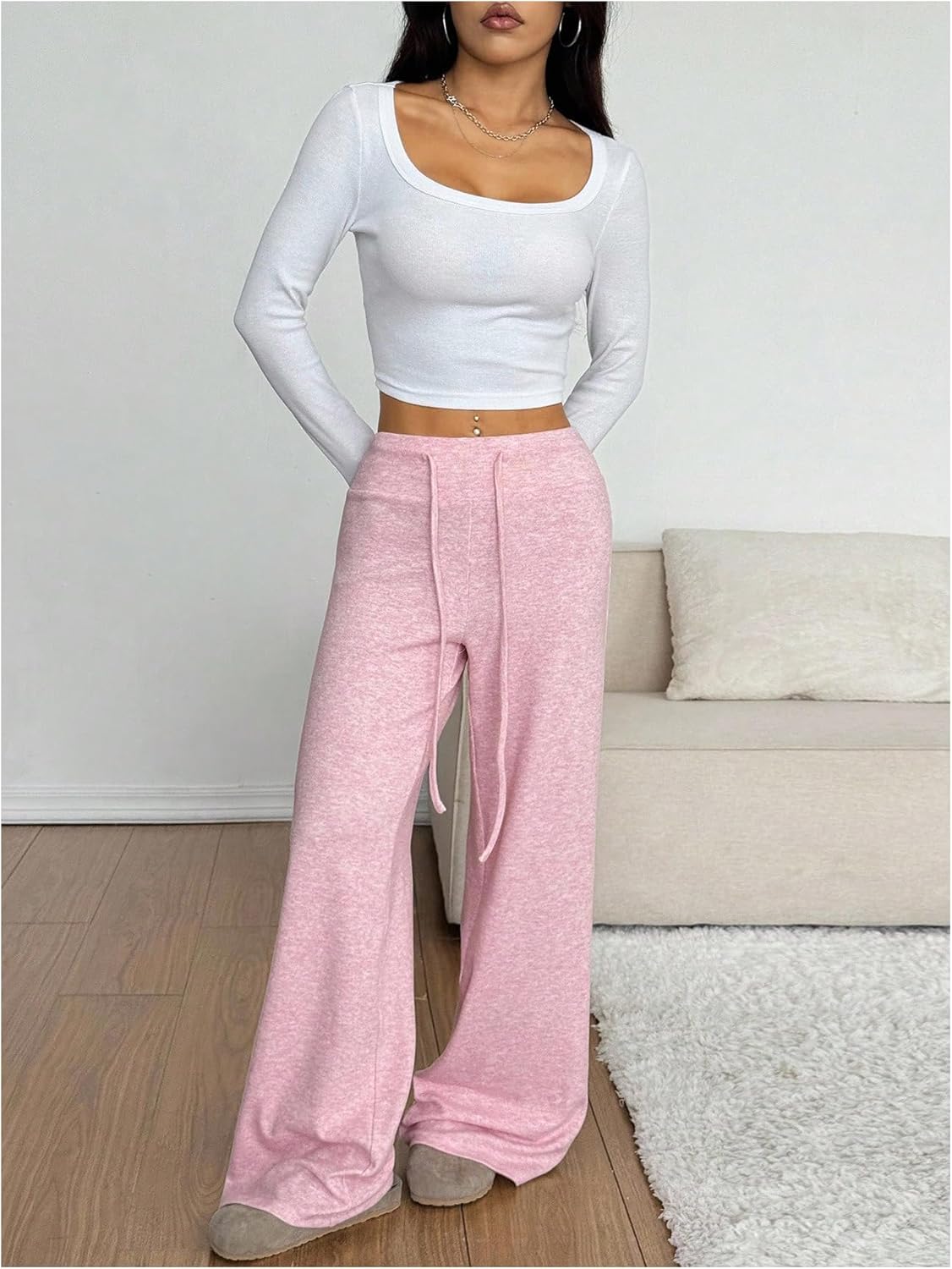 MakeMeChic Women's Fall Wide Leg Sweatpants Yoga Travel Pants Drawstring Straight Leg Trousers - Image 5