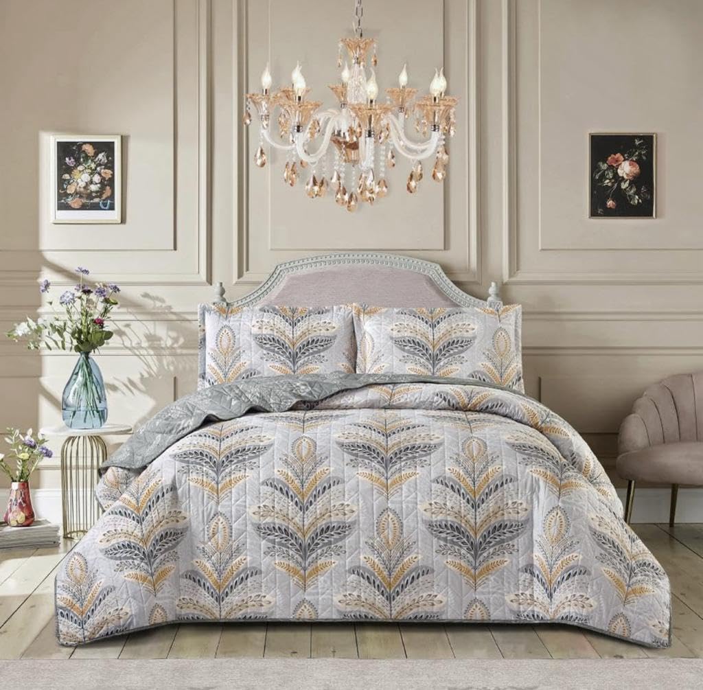 3 PCS Patchwork Bedspread Quilted Bed Throw Single Double King Size Bedding Set (Jasmine Silver, Double) — image 1