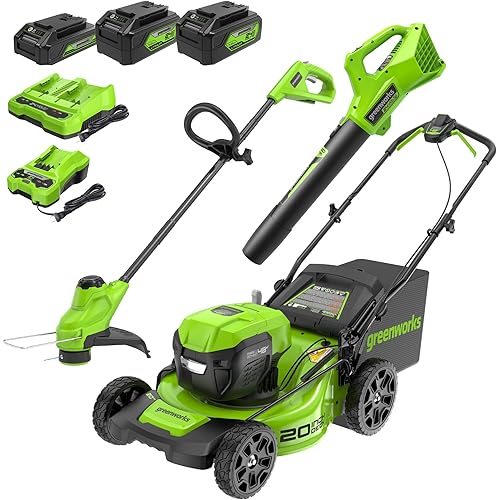 Greenworks 48V (2x24V) Electric Lawn Mower Combo Kit: 20"Steel Deck Push Mower, 12" String Trimmer, 320 CFM Blower, 3 Batteries & 2 Chargers, 3-Year Warranty.