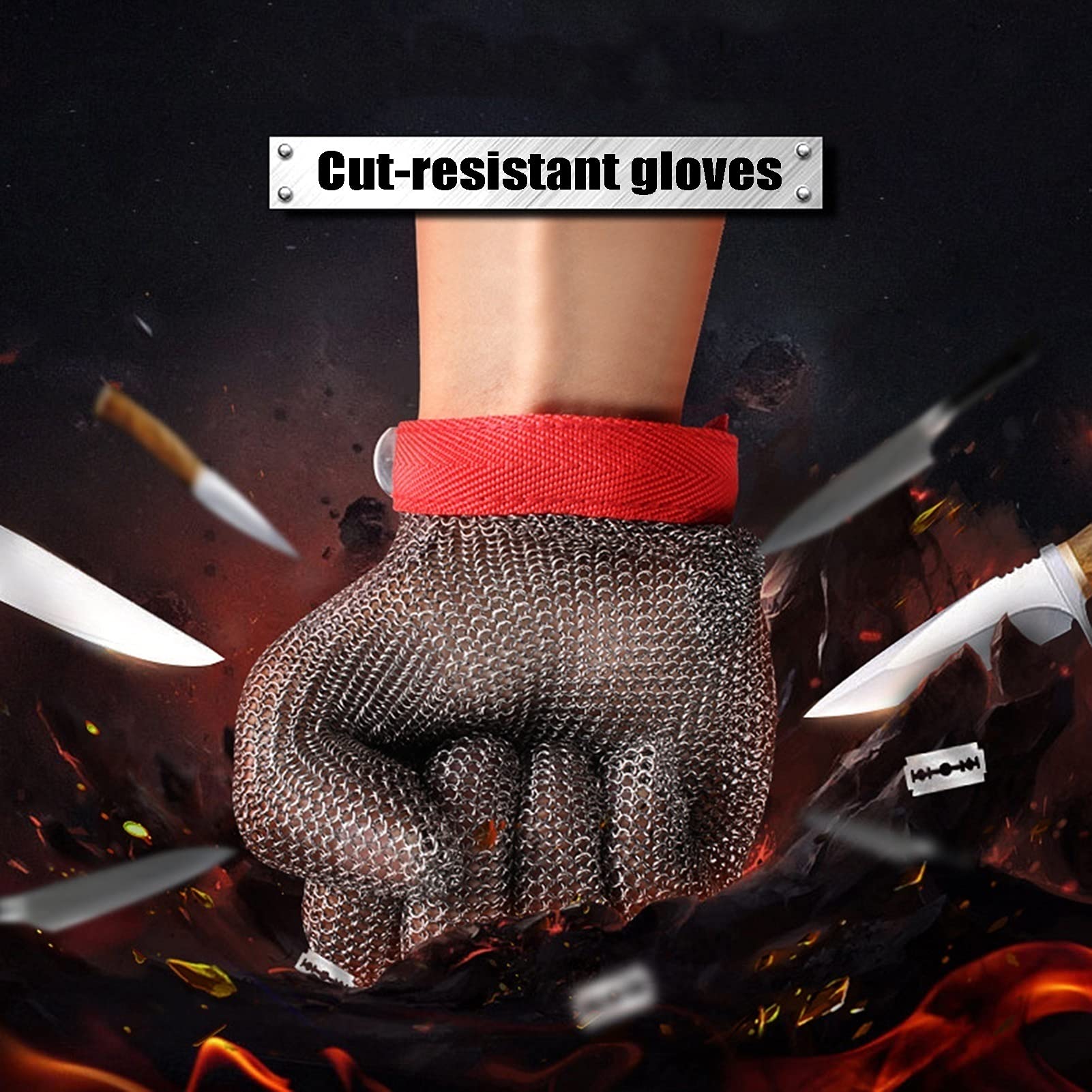 Guantes de jardineria Guantes Resistentes Al Corte, Guantes De Alambre De Metal De Malla De Acero Inoxidable, Guantes De Trabajo De Seguridad De Carnicero De Cocina, 3 Tamaños (Size : Large)
