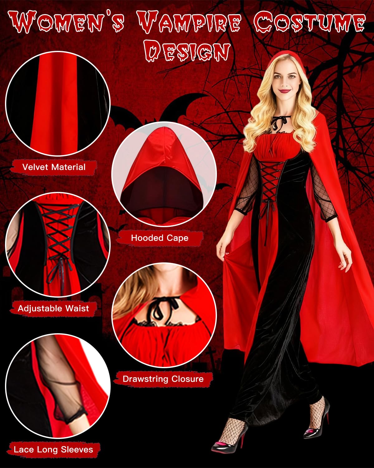 TOLOYE Vampire Costumes for Women Halloween Vampire Fancy Dress - Image 3