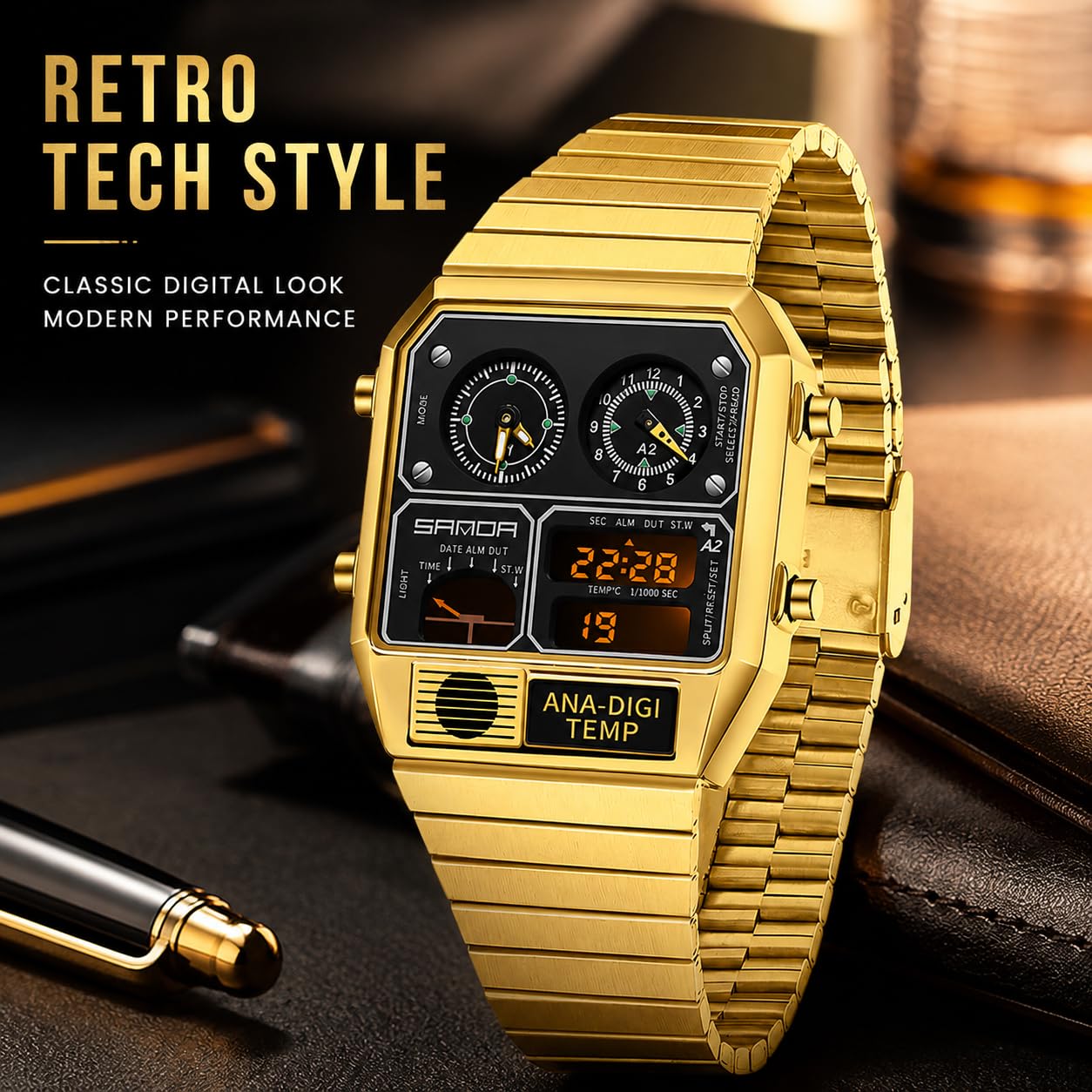 MASTOP Quadratische Retro-Digitaluhr mit Temperaturanzeige, Unisex, 19,1 cm, analog, 3 Zeitzonen, leuchtende Hintergrundbeleuchtung, 50 m wasserdicht, Wecker, Stoppuhr, Woche/Datum, Goldweiß