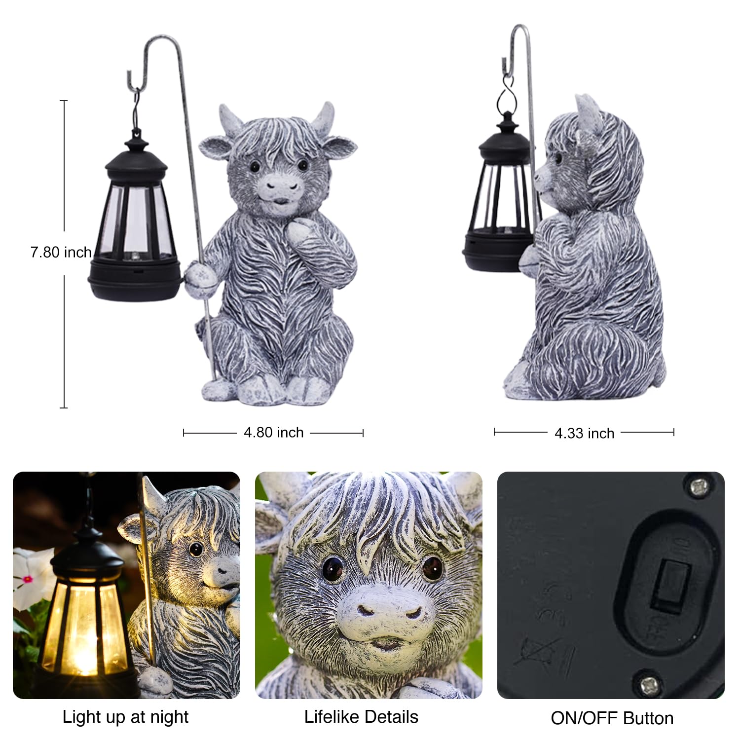 Goodeco Solar-Powered Grey Highland Cow Garden Ornament with Detachable Lantern, Adorable Sitting Calf Holding Metal Rod - Image 3