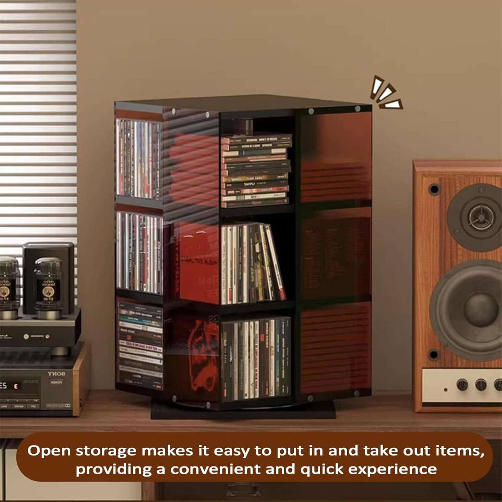 Torre di archiviazione rotante per dischi in vinile, porta CD a 360°, display aperto su 4 lati, contiene 120 CD, ideale per libri, riviste e DVD