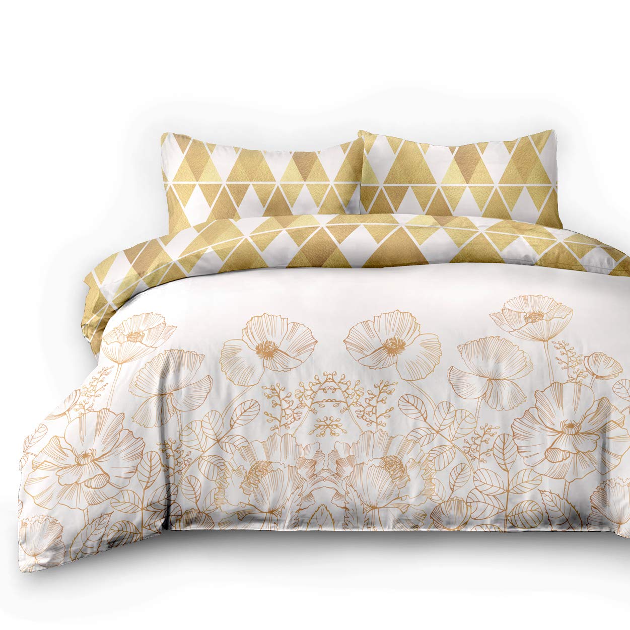 AmeliaHome Snuggy Collection 06754 3-Piece Flannelette Bed Linen 200 x 220 cm with 2 Pillowcases 80 x 80 cm 100% Cotton Floral Geometric Pattern Duvet Cover Zip Snuggy Collection Golden Poppy Beige