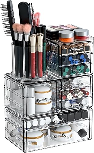 Miniatura 8 de SuoXing Paquete de 3 Organizadores de Maquillaje de Acrílico Transparente para Tocador con 9 Cajones, Organizadores de Cuidado de la Piel para
