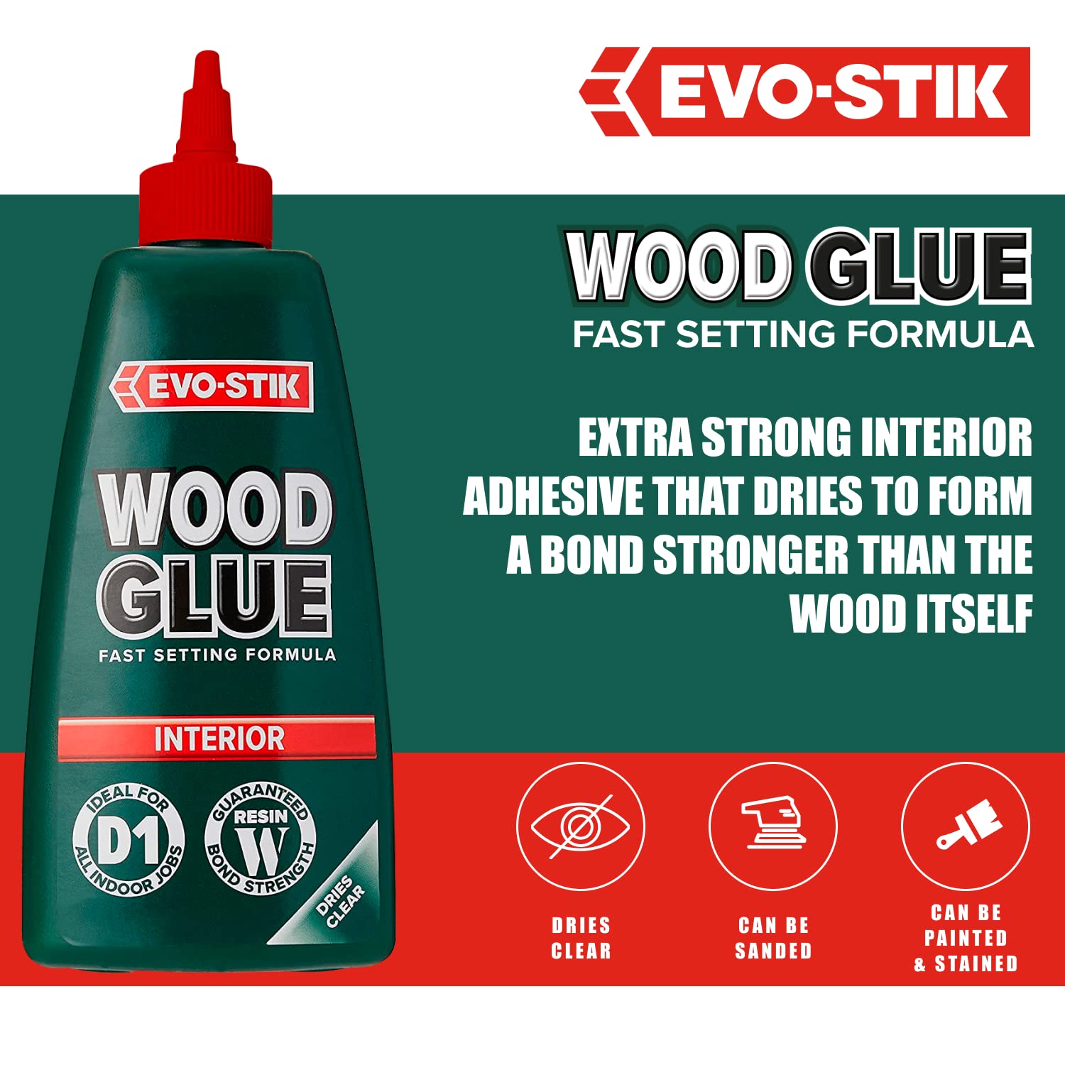 EVO-STIK Wood Glue - Interior, Extra Strong, Fast Setting, Suitable for All Wood Types, Dries Clear, 500ml