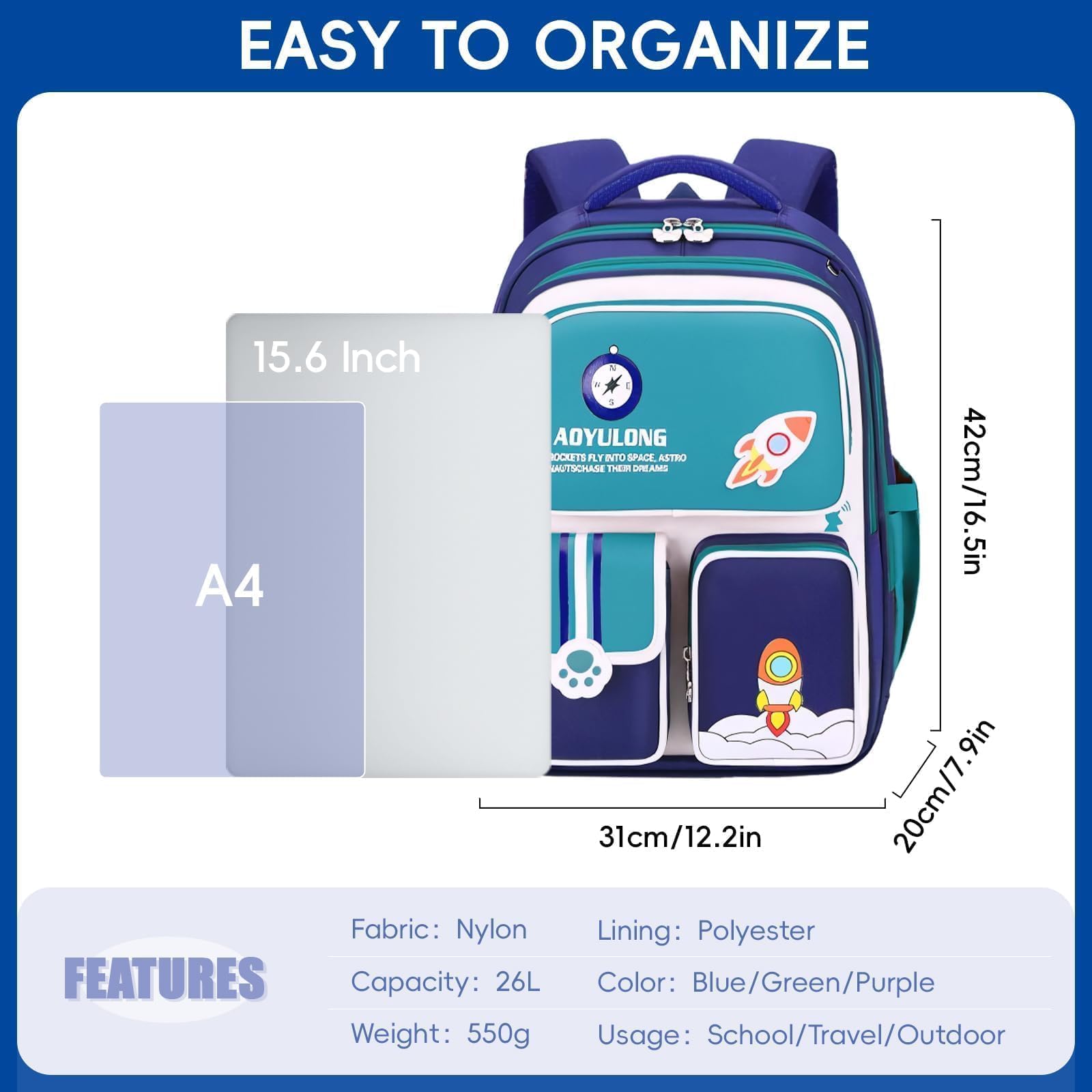 Amythe Zaino Ragazzo 1a-5a Elementare Scuola Viaggio | Zaino Ergonomico Bambini 6-12 Anni Riflettente 26L Blu