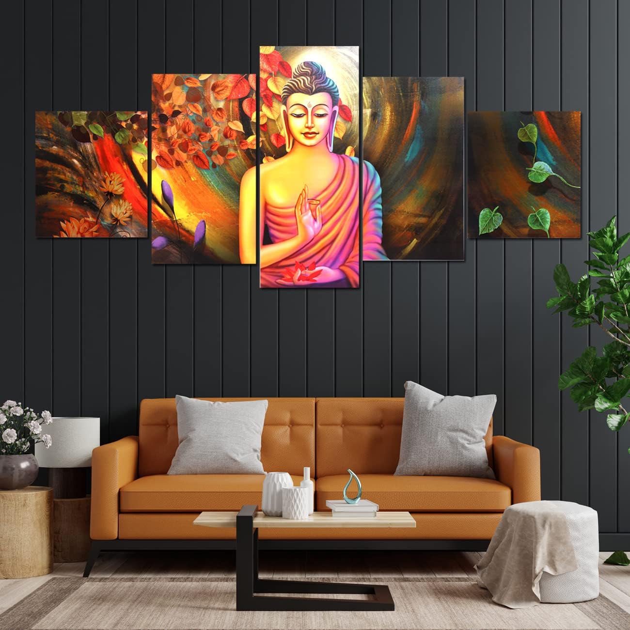 perpetual Buddha Paintings for Living Room Set of 5 | Painting for Wall Decoration | Lord Buddha Painting With Frame | 3D Wall Art for Bedroom | Gautam Buddha Wall Painting (125x60 Cm) B1M Multicolor
