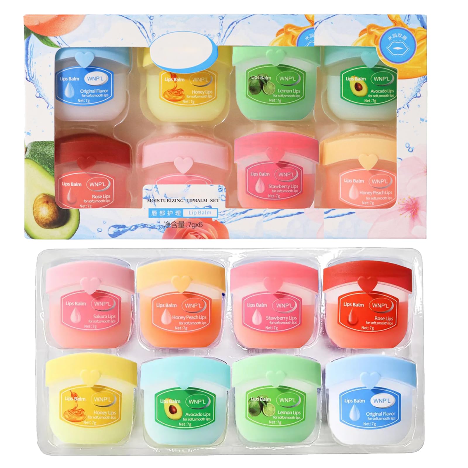 Lip Balm Multipack,8 Packs Lip Balm Gift Set,Original, Beeswax, Avocado, Rose, Sakura, Peach, Lemon & Strawberry,Day&Night Lip Care,Lip Repair Mask Lip Exfoliator Lip Moisturizer