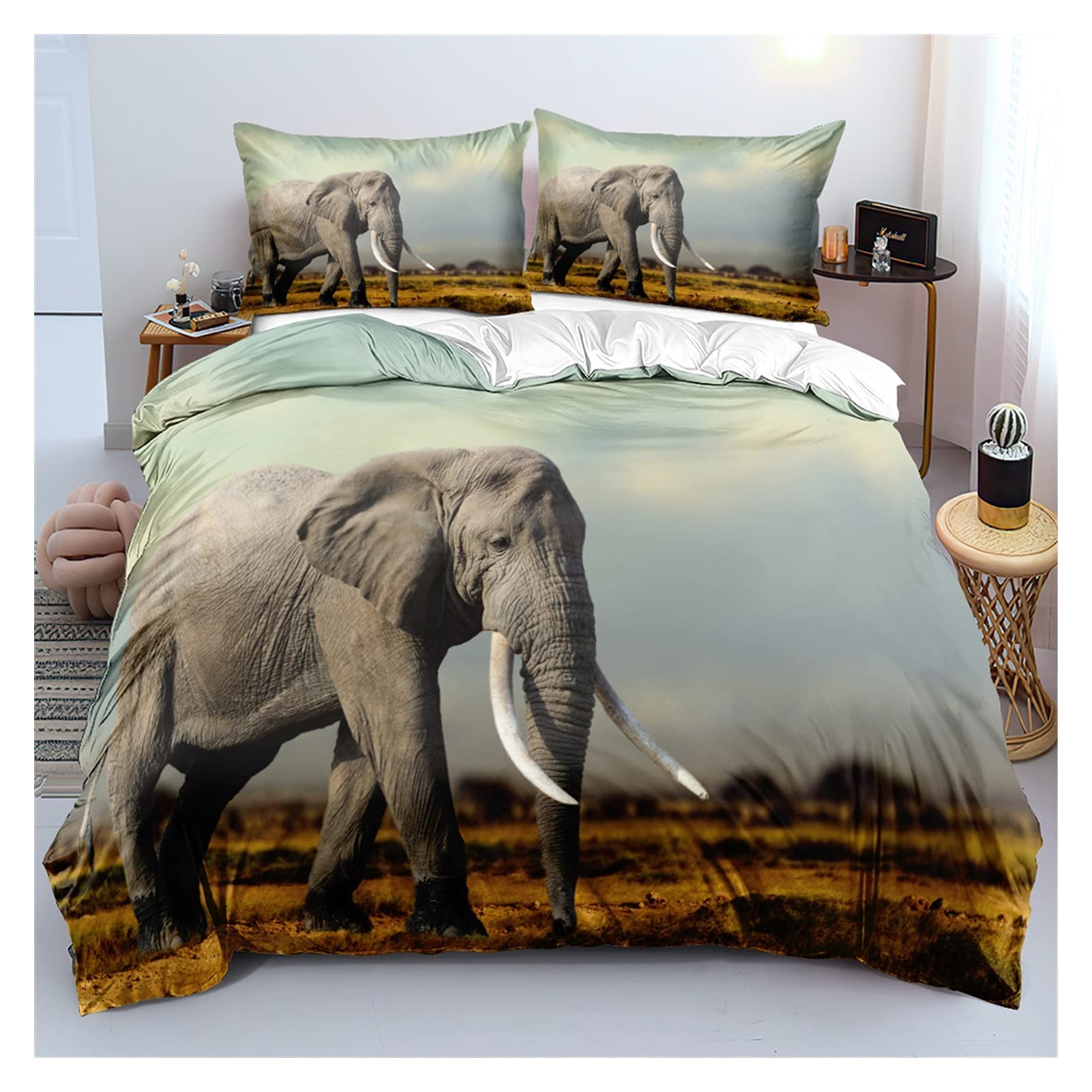 ZhenCheng Elephant Duvet Cover Set King Size Blue Comforter Cover Set Animal Microfiber Bedding Set with 2 Pillow Cases Mandala 3 Pieces Quilt Cover Set, Zipper Closure