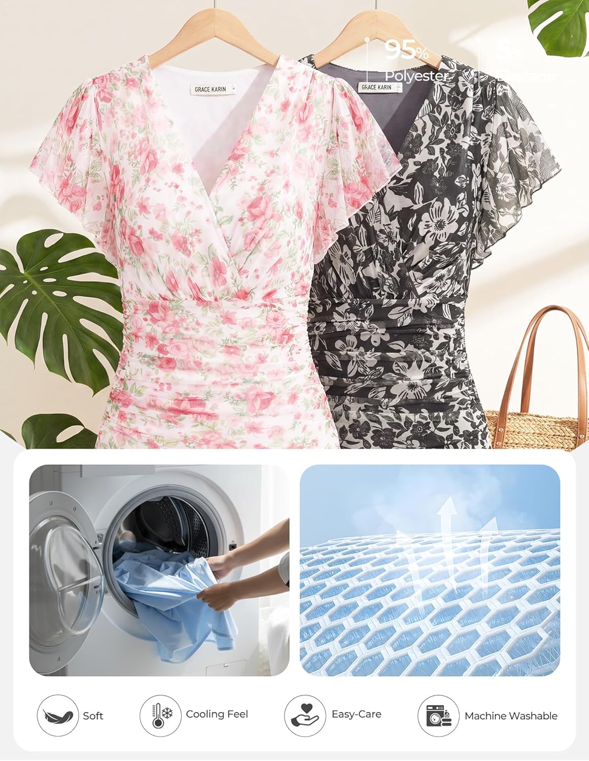 GRACE KARIN Blusas para mujer, diseño floral, estilo bohemio, manga corta, con volantes, para primavera, verano, para salir
