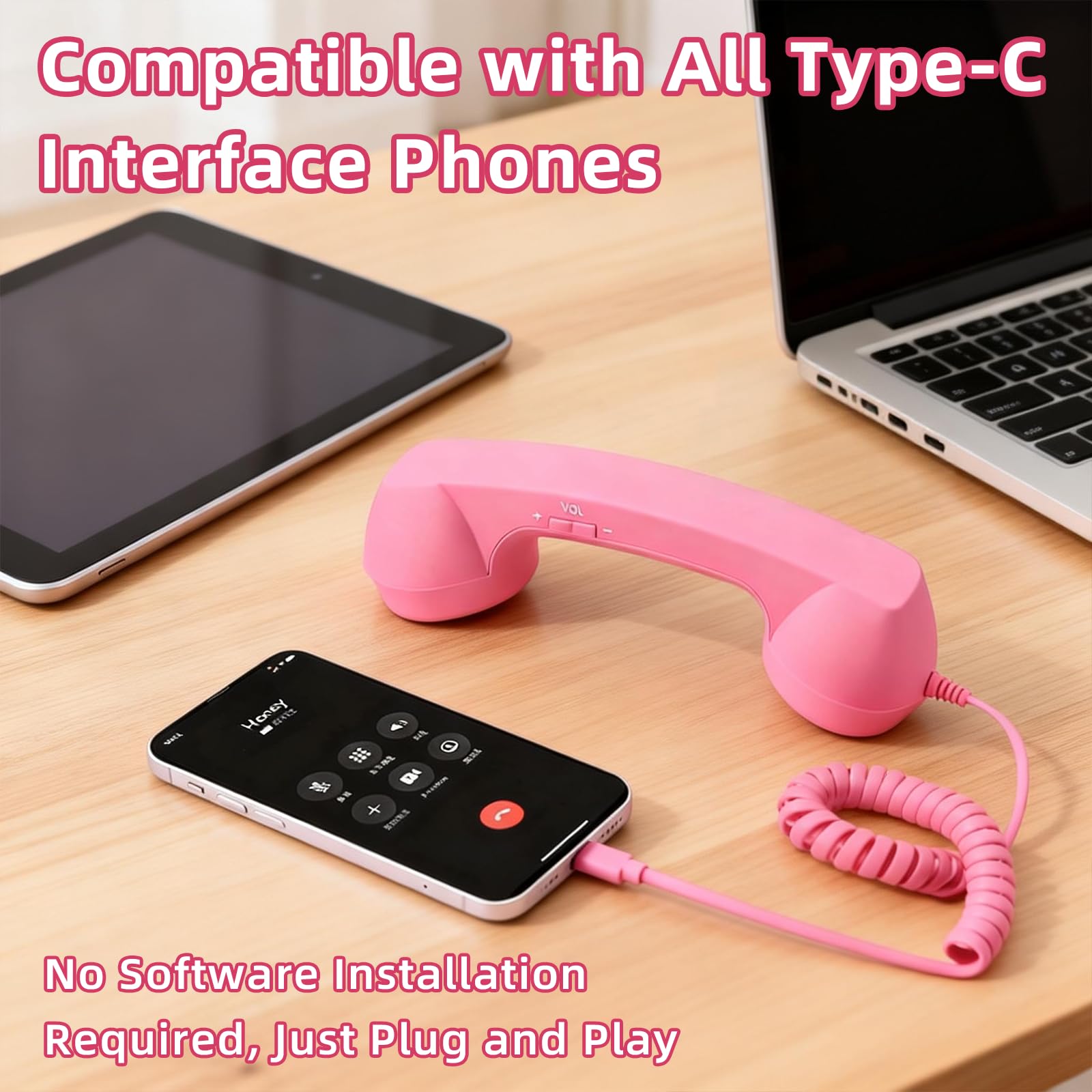 Retro Phone Handset for iPhone & Android, 2026 New Type-C Wired Receiver with Microphone & Speaker, Vintage Landline Style Handle for Noise Cancelling Calls, Meetings, and Home Office Desk Use (Pink) — view 6