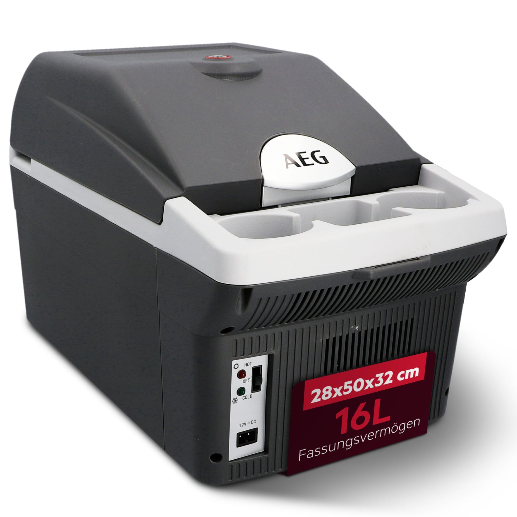 AEG Automotive Board-Bar BK 16 Thermoelektrische Kühl- und Warmhaltebox 16 Liter, 12 Volt für Auto und Steckdose, anschnallbar im PKW, Schwarz,hellgrau