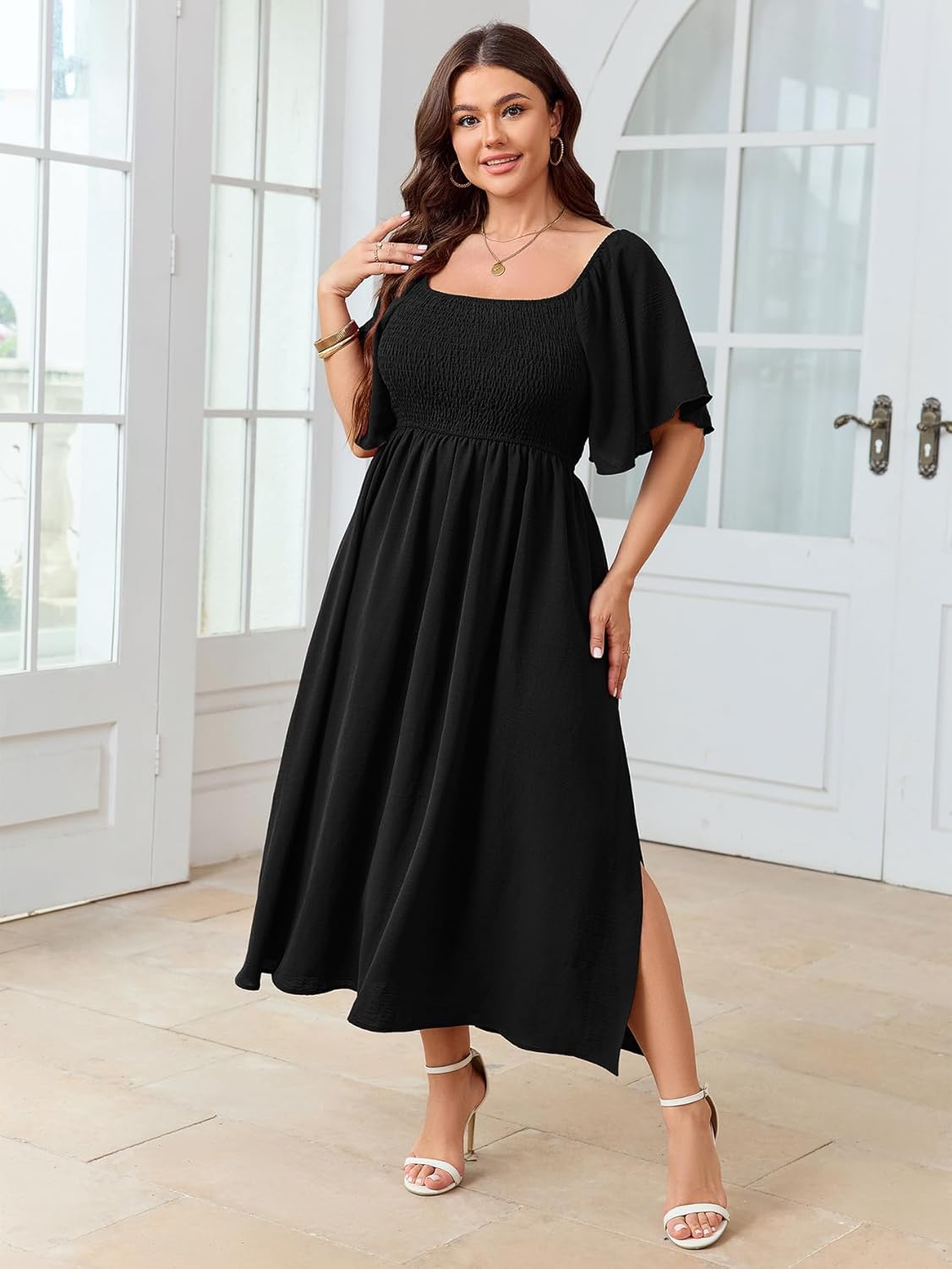 Women's Plus Size Dress Short Sleeve Square Neck Smocked Side Split Flowy A Line Long Maxi Dress - Image 2