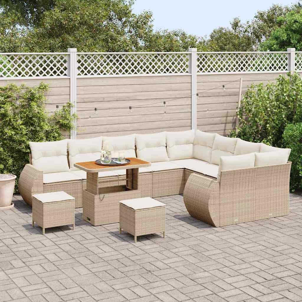 Set Divano da Giardino 12 Pezzi con Cuscino Beige e Crema, Modular Patio Outdoor Rattan Sofa con Poltrone e Tavolino, Impermeabile Coperta per Terrazza Giardino Balcone