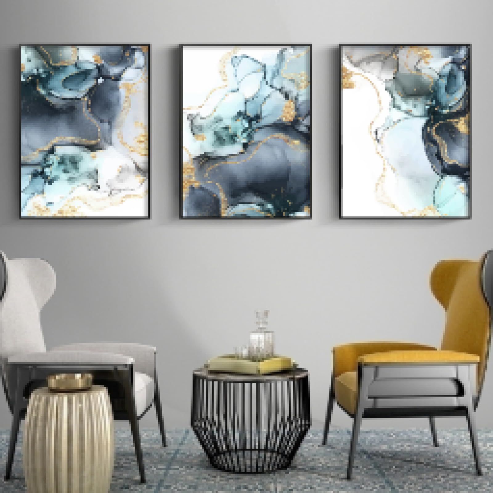 KEBIA Azul Negro Tinta Dorada Galería Abstracta Pósteres Arte de la Pared Pintura en Lienzo Impresiones Imágenes para Sala de Estar Dormitorio Hogar Decoración de Pared 70x100cmx3 Sin Marco