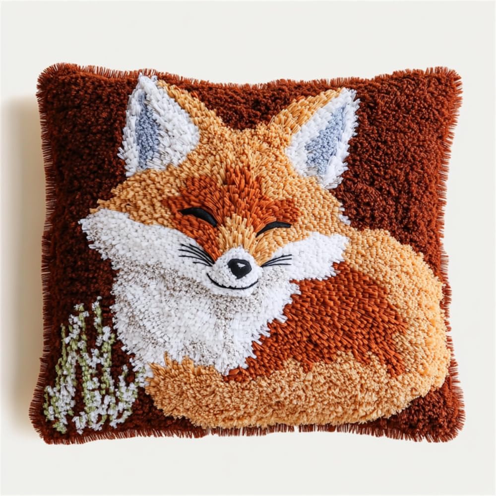 ORLUMY DIY Latch Hook Kitslatch Hook Kits Smile Fox Latch Hook Kits for DIY Throw Pillow Cover Craft Kits with Printed Canvas 43X43Cm,