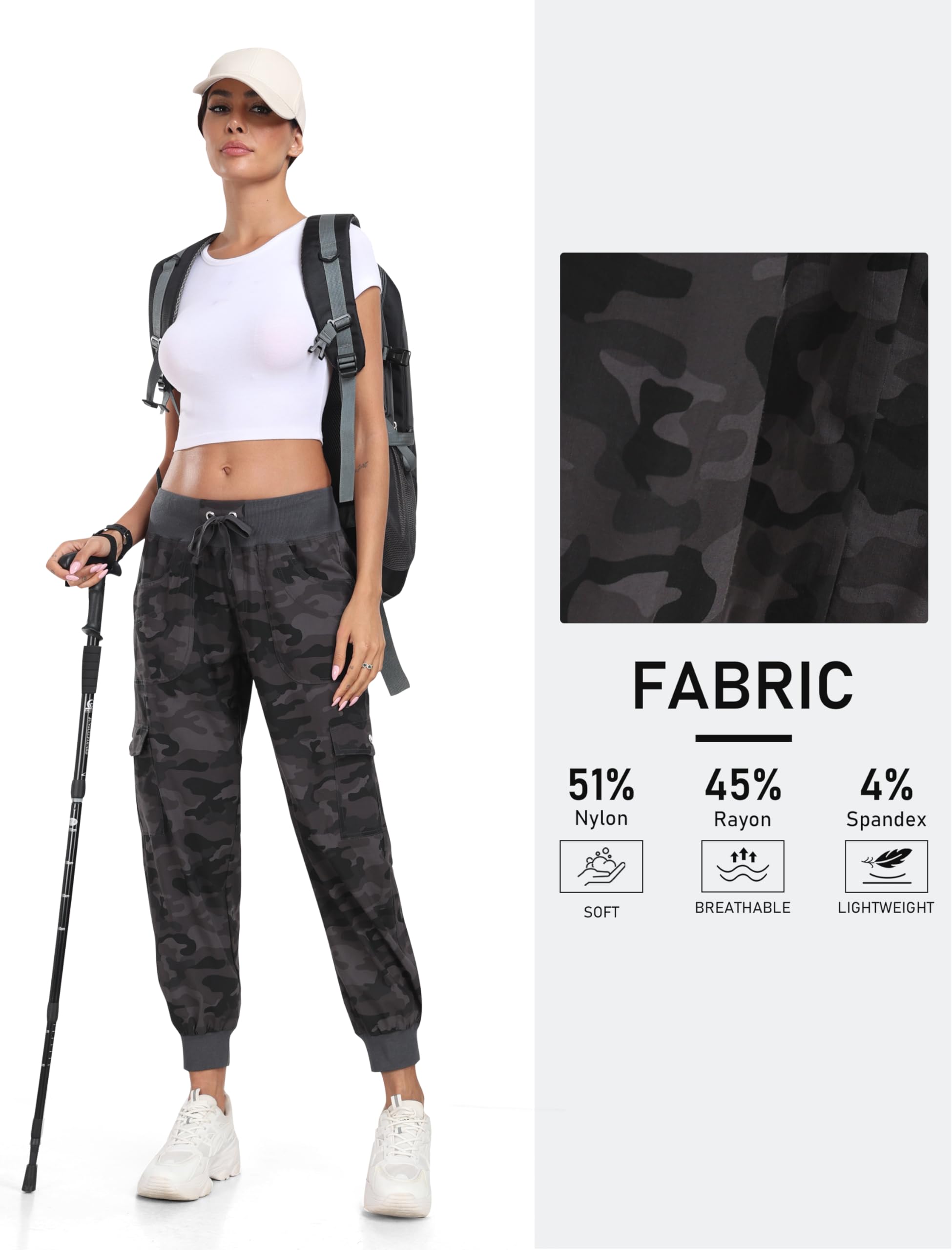 JINSHI Spodnie damskie cargo, długie spodnie Capri, spodnie rekreacyjne, outdoorowe, spodnie do biegania, wysoka talia, ze sznurkiem do ściągania, Tarngrau, M