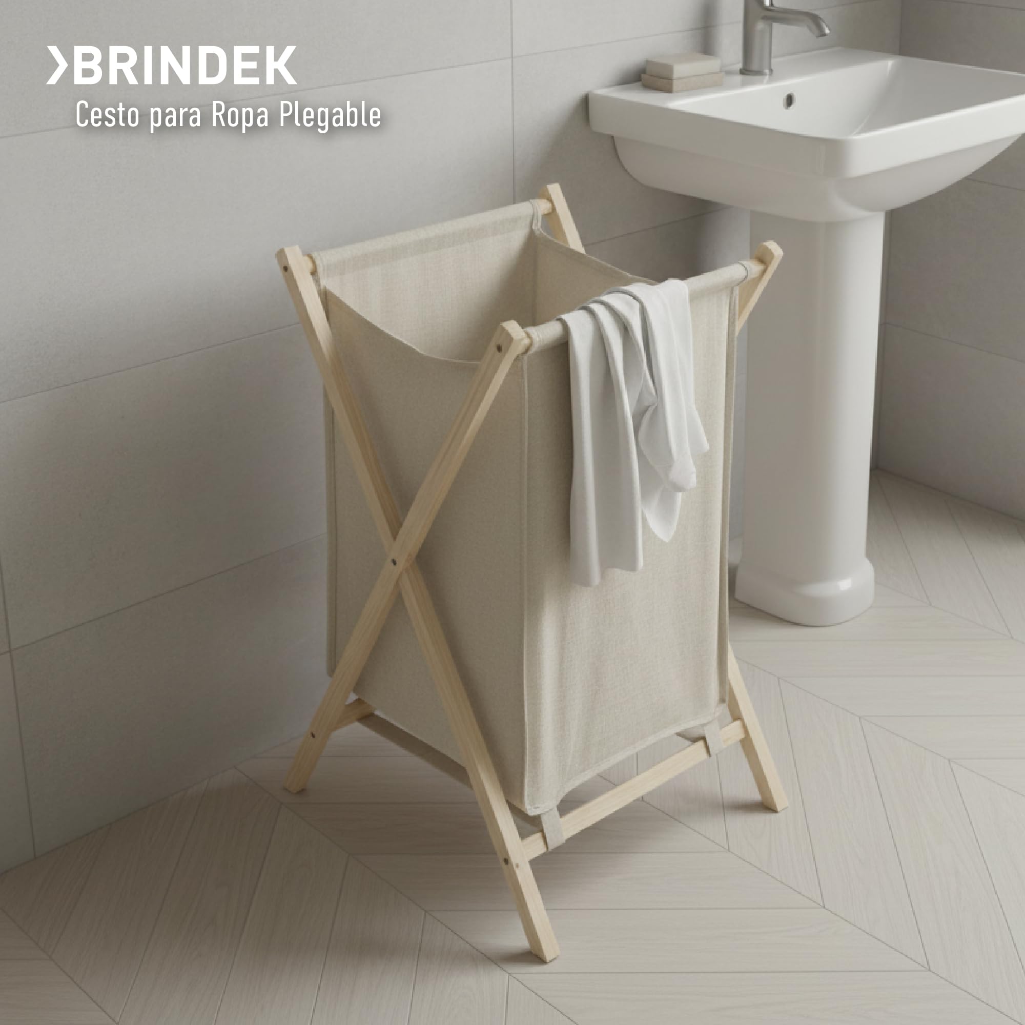 Cesto Ropa Sucia BRINDEK - Madera De Abeto Y Tela Beige, Tapa, Bolsa Extraíble, Plegable, 65L, Ideal Baño O Dormitorio