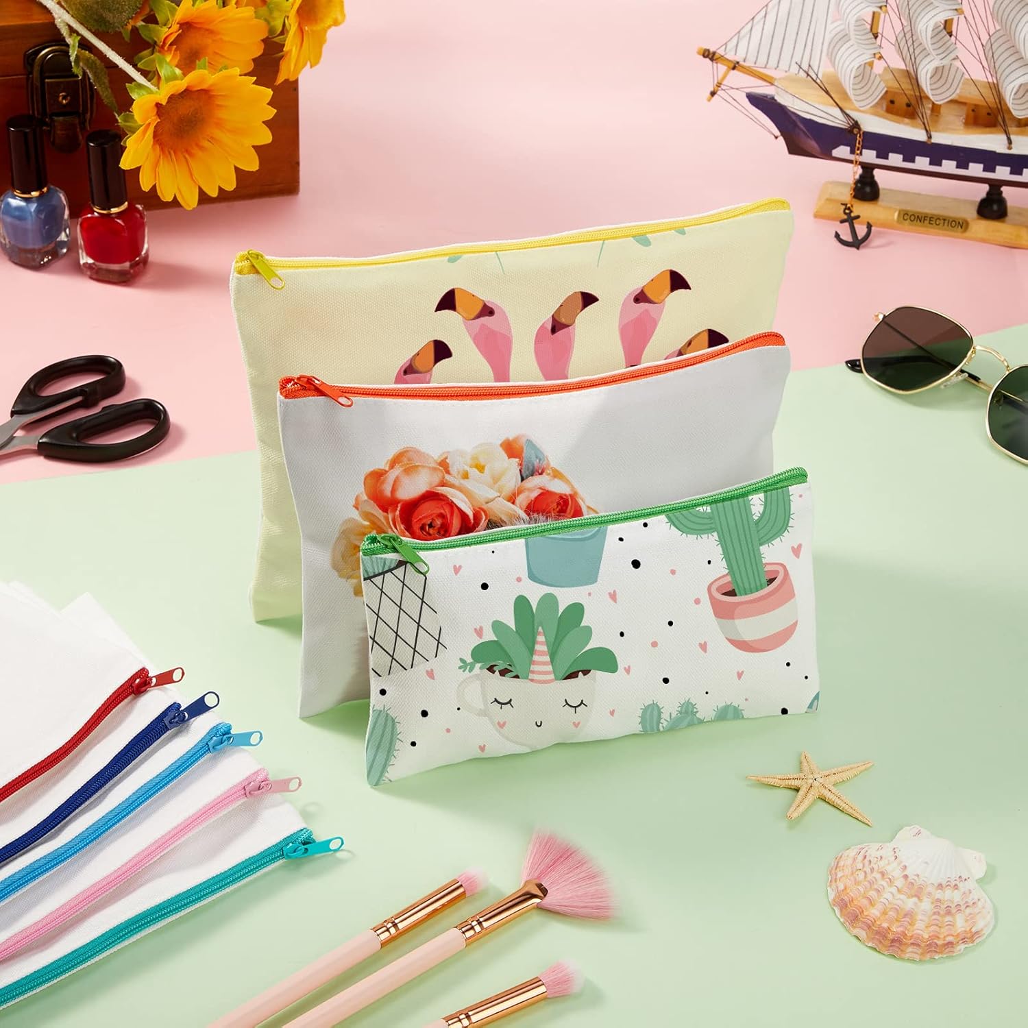 Frienda 100 Pcs Sublimation Blank Canvas Makeup Bags Bulk DIY Heat Transfer Canvas Pen Case Pencil Cosmetic Makeup Bags Clear Sublimation Blank Pouch with Zipper (7.87 x 5.7 Inch,Mixed Colors)