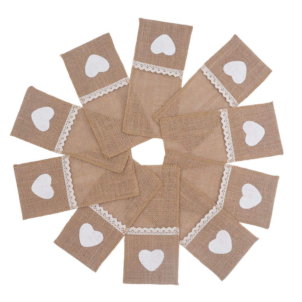 Scf2017 Heart 10Pcs Hessian Burlap Cutlery Holder Pouch Wedding Party Table Decor(Heart)