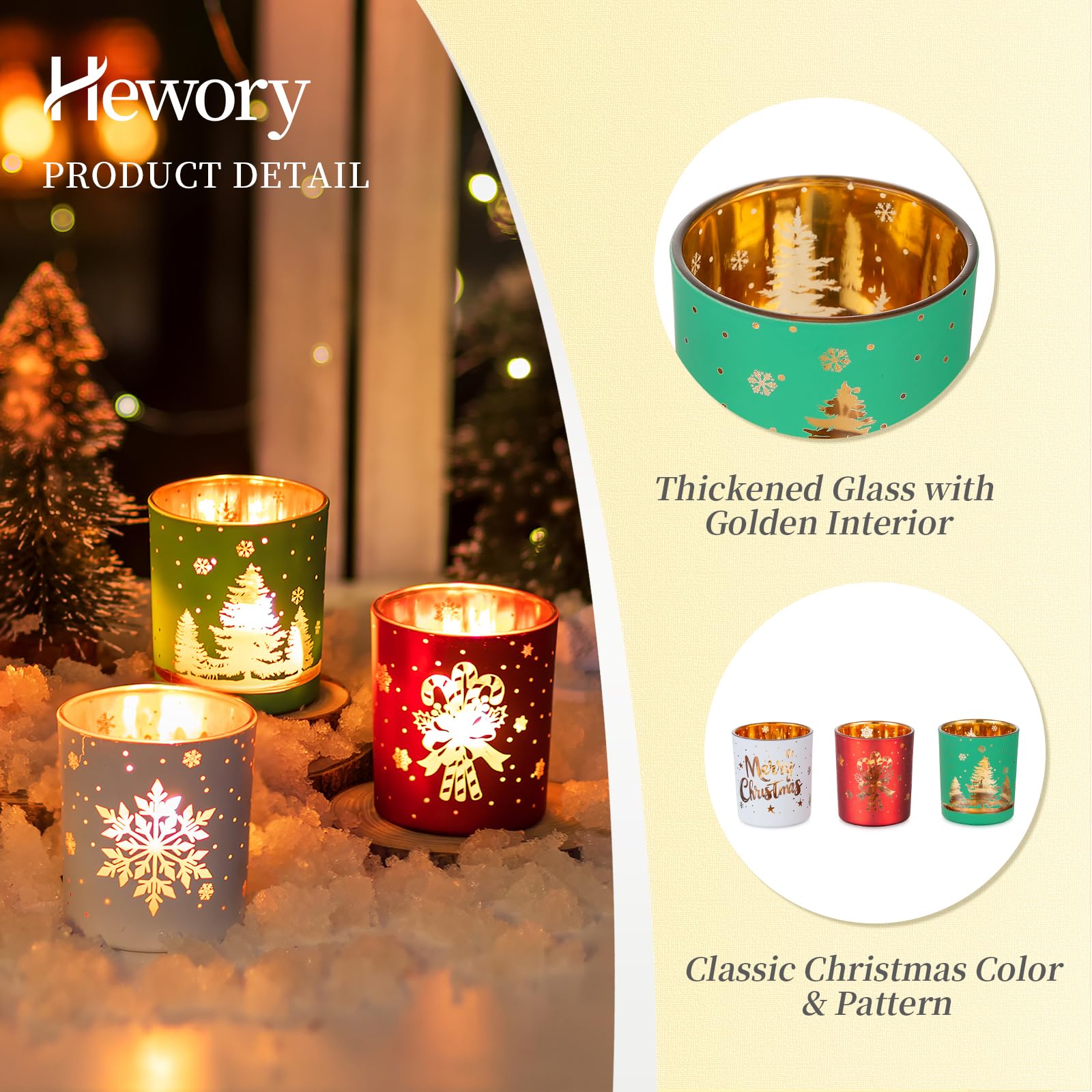 Hewory Lot de 6 bougeoirs votifs de Noël : lot de 6 bougeoirs cylindriques en verre pour centre de table, décoration d'intérieur pour cheminée, fête de vacances