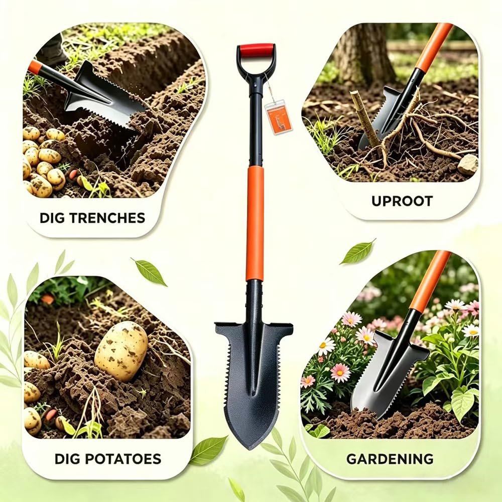 Bêche à racines avec scie à racines 112 cm - Bêche de jardin en acier 1050Mn - Pour sols durs - Bêche de drainage avec larges bords et poignée souple - Durable - Pour plantation de racines et drainage