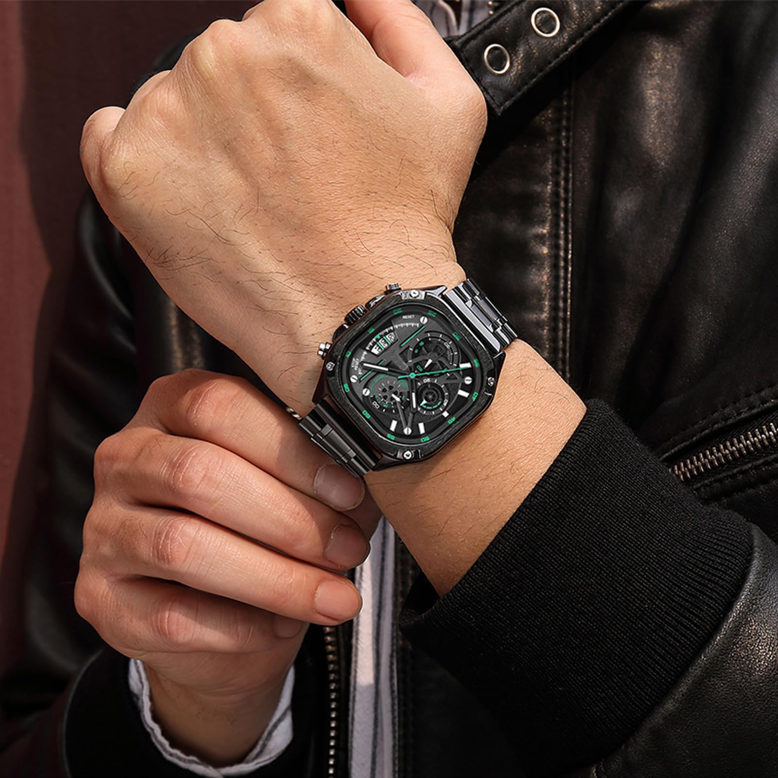 Herrenuhr Quadratische Zifferblatt Cool Design mit Chronograph Leuchtender Zeiger Datum Businessuhr Edelstahlarmband