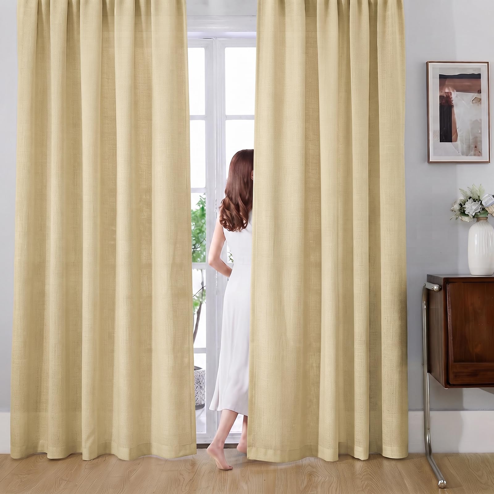 Privacy Net Curtains, Non See Through Drapes, Faux Linen Textured 84'' Drop — image 1